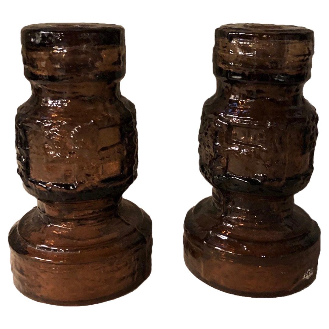 Textured Scandinavian Ruda Glasbruk mid-century brown glass candlesticks For Sale