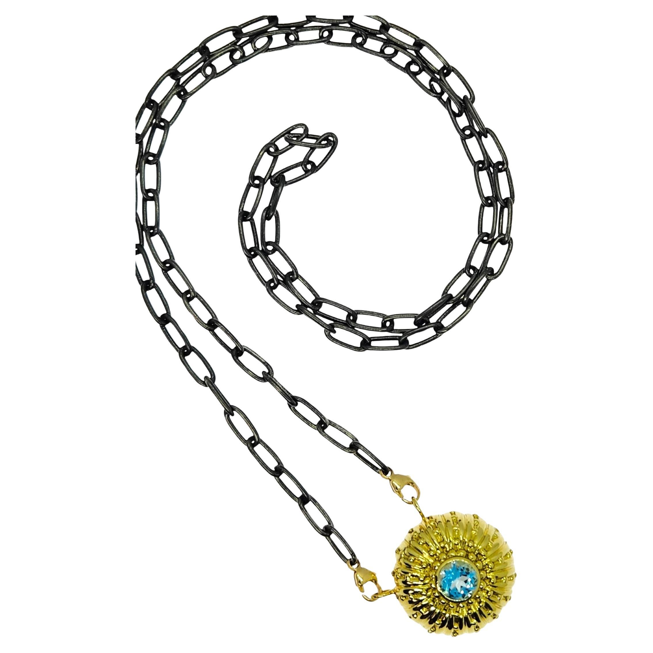 Textured Sea Urchin Necklace with Ocean Blue Topaz Center and 18K Gold Necklace For Sale