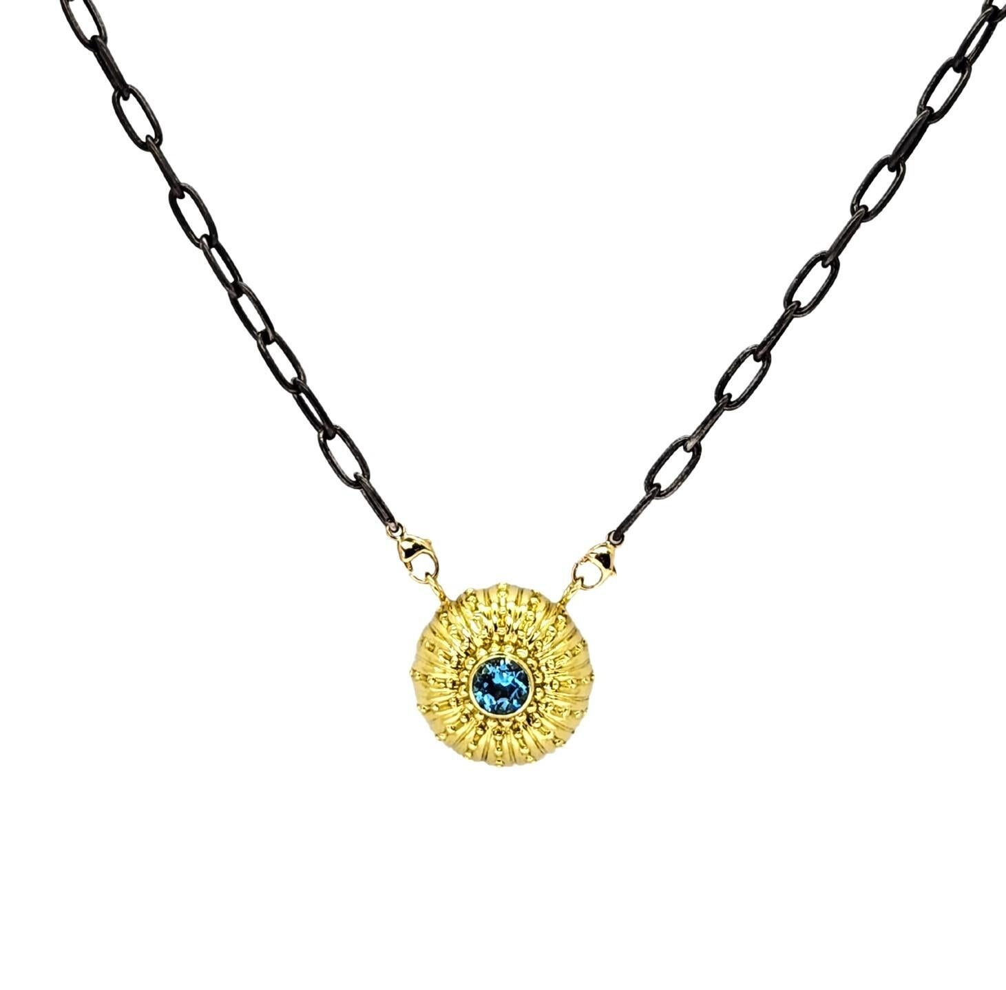 Textured Sea Urchin Necklace with Ocean Blue Topaz Center and 18K Gold Necklace For Sale