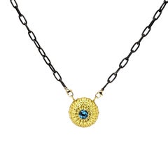 Textured Sea Urchin Necklace with Ocean Blue Topaz Center and 18K Gold Necklace