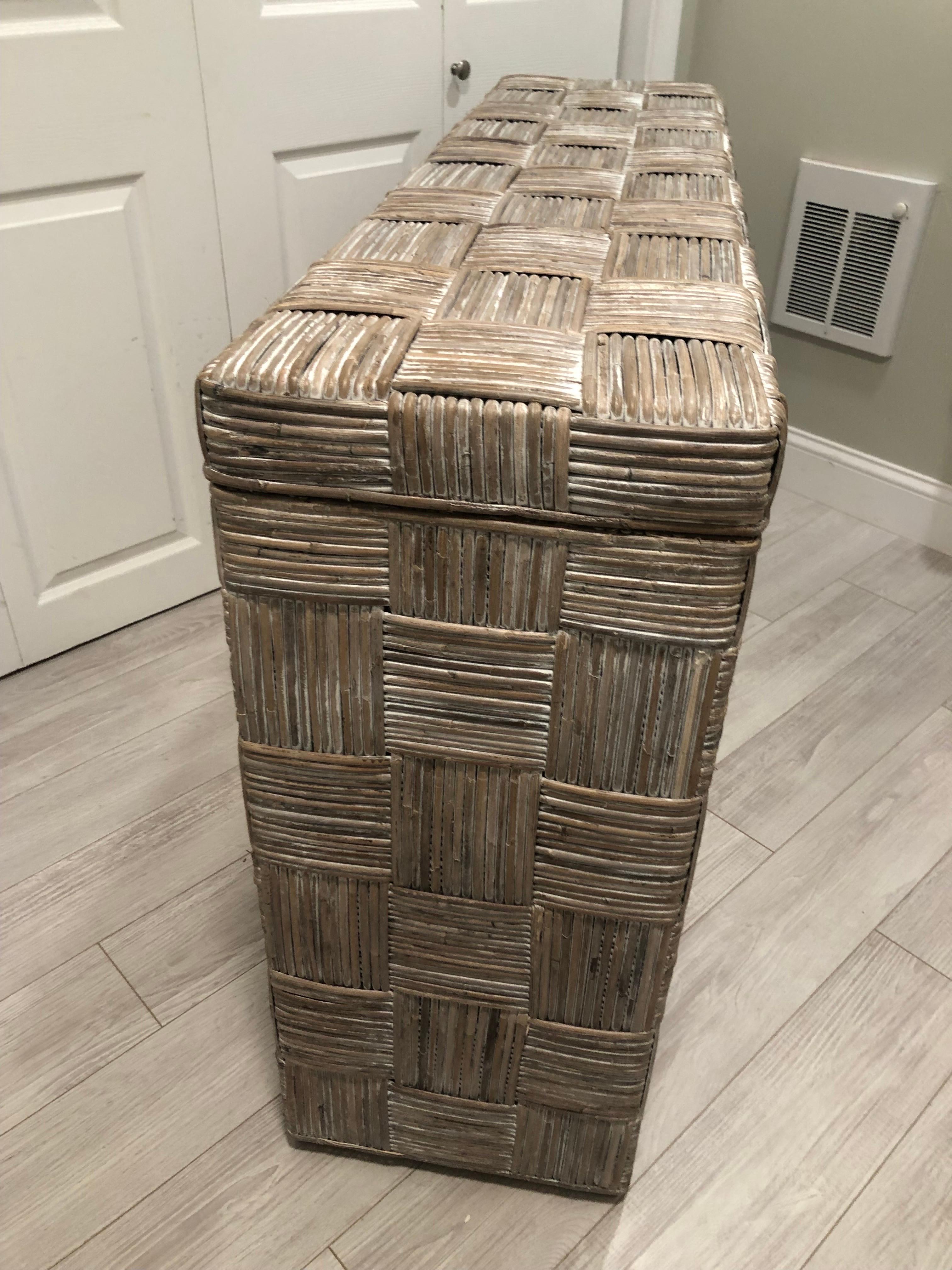 Whitewashed Woven Split Reed Console Table For Sale 9
