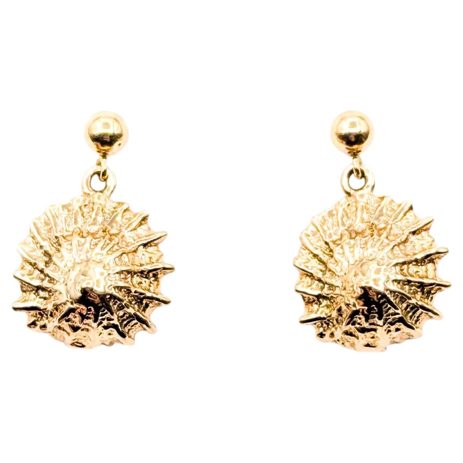 Textured Shell Drop Earrings in 14k Yellow Gold For Sale
