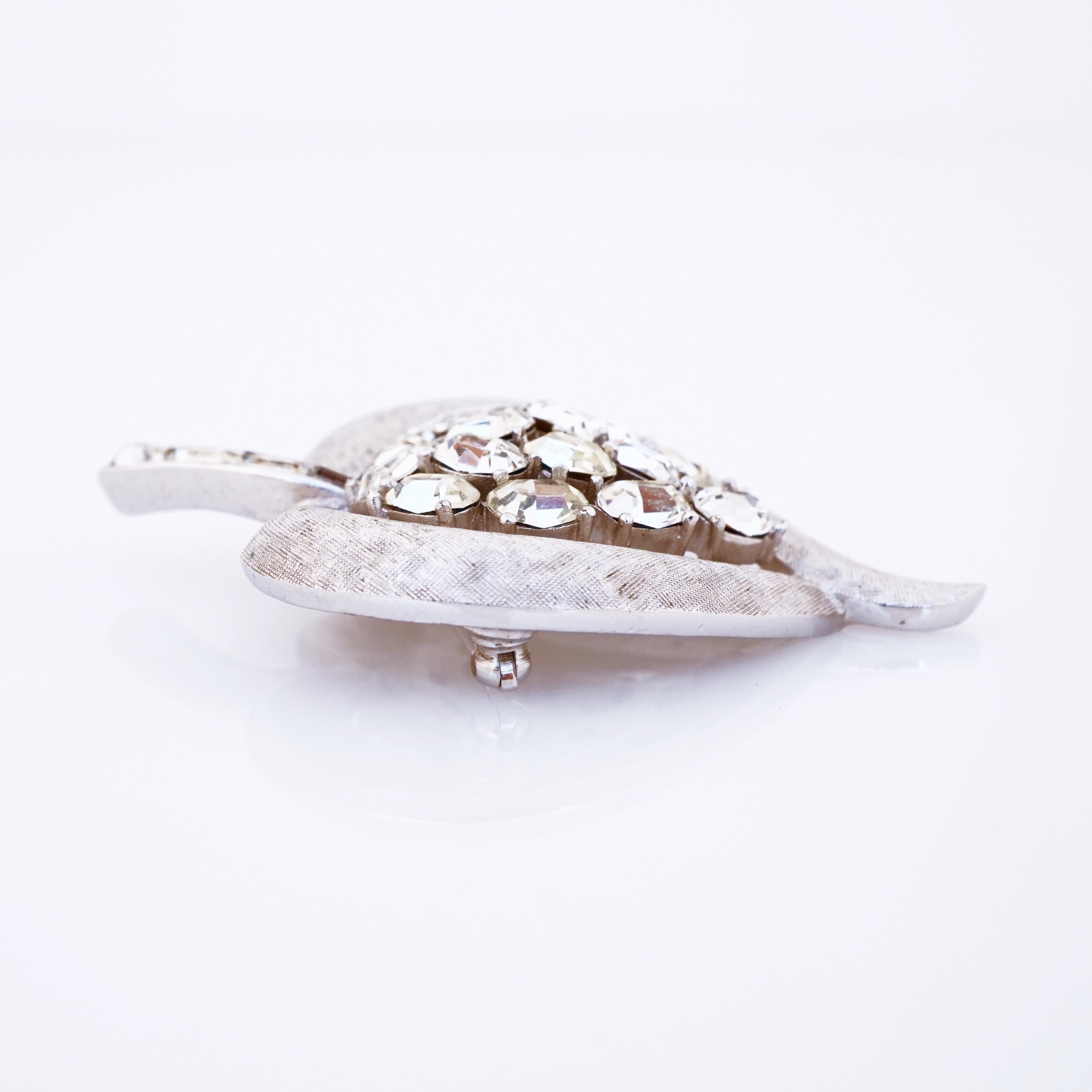 Modern Textured Silver Leaf Brooch With Crystals By Crown Trifari, 1950s For Sale