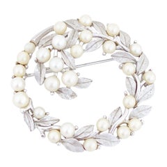 Vintage Textured Silver Leaf Wreath Brooch With Pearls By Crown Trifari, 1950s