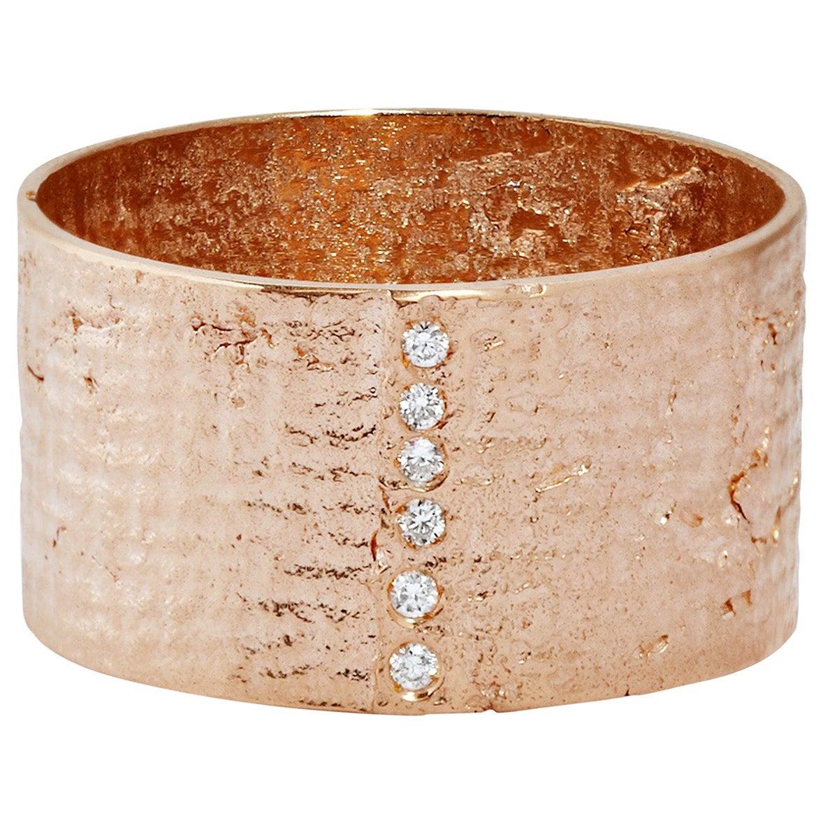 For Sale:  Textured Solid Rose Gold Paper Cigar Ring with Diamonds by Allison Bryan