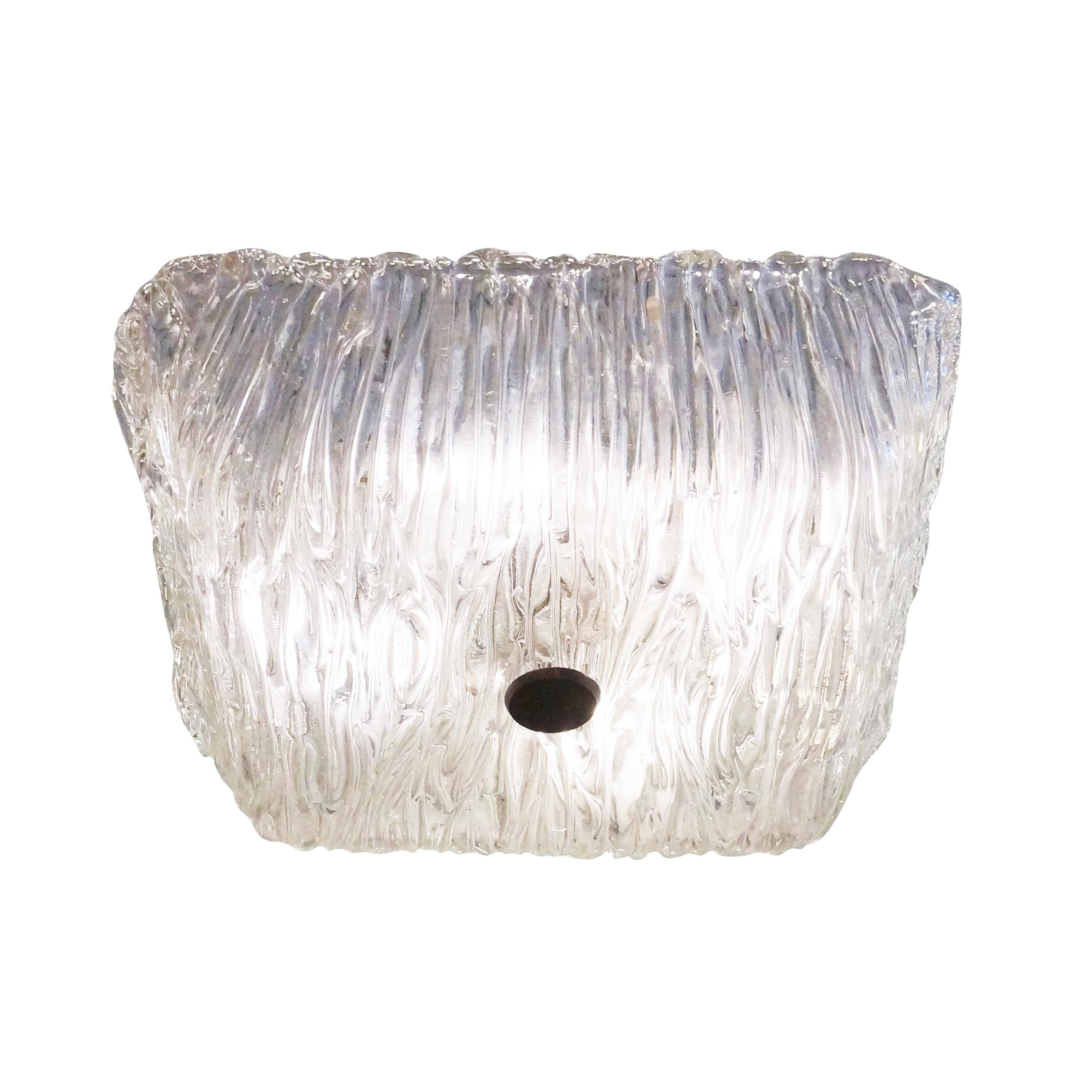Textured square Murano Glass Flushmount designed by Toni Zuccheri for Venini in the 1960s. Brass Hardware. Holds four candelabra sockets.

Condition: Excellent vintage condition, minor wear consistent with age and use.

Width: 13”

Depth: