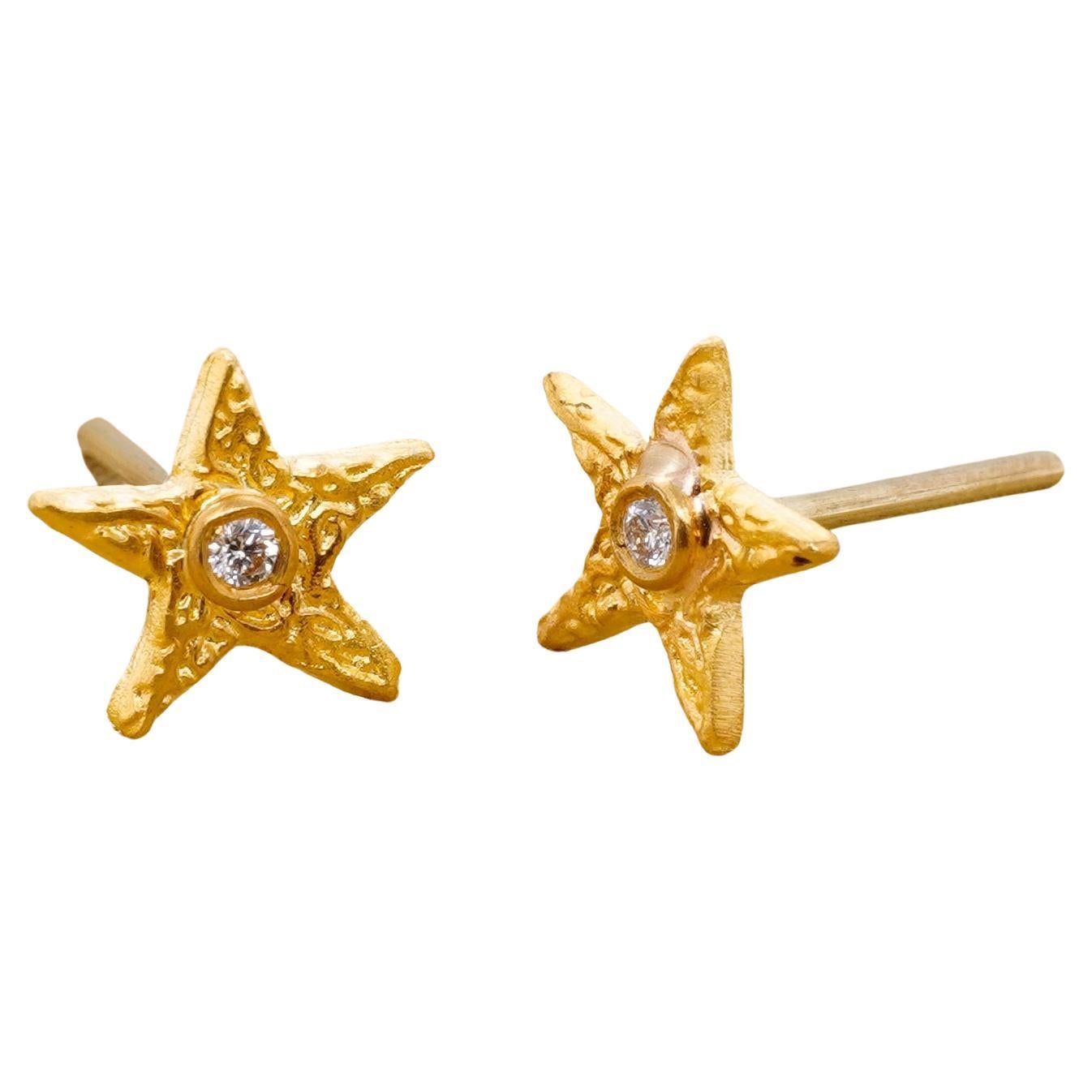 Artisan Textured, Star Stud Earrings with Diamonds, in 24kt Gold For Sale