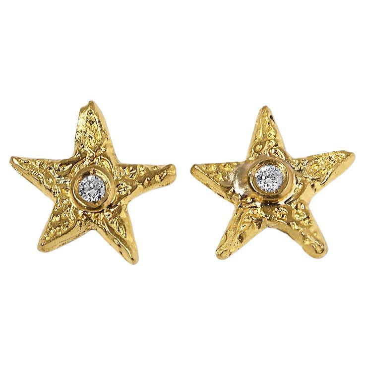 Textured, Star Stud Earrings with Diamonds, in 24kt Gold For Sale