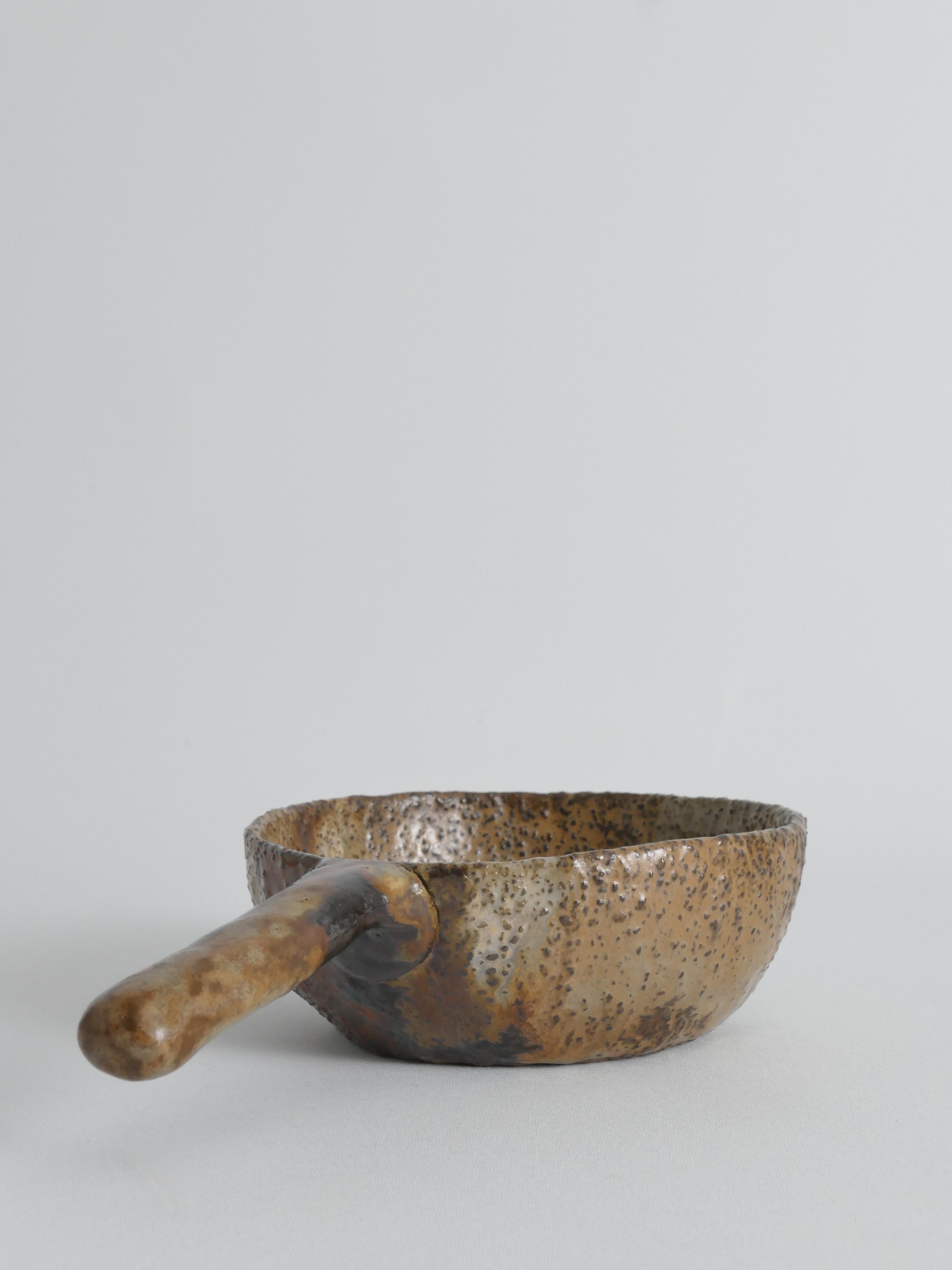 Glazed Textured Stoneware Bowl with Sculptural Handle, Handmade Studio Ceramic For Sale
