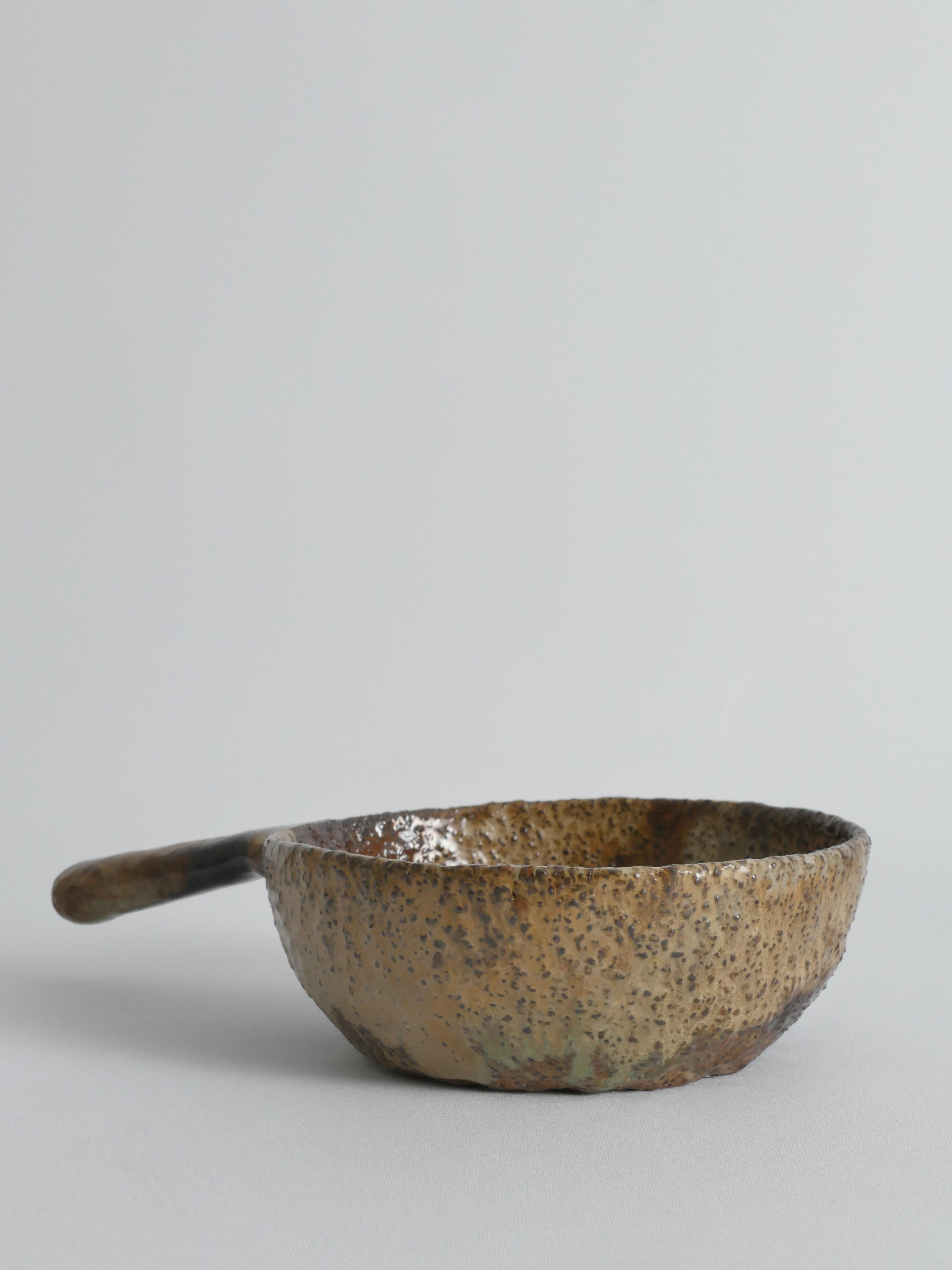 Mid-20th Century Textured Stoneware Bowl with Sculptural Handle, Handmade Studio Ceramic For Sale