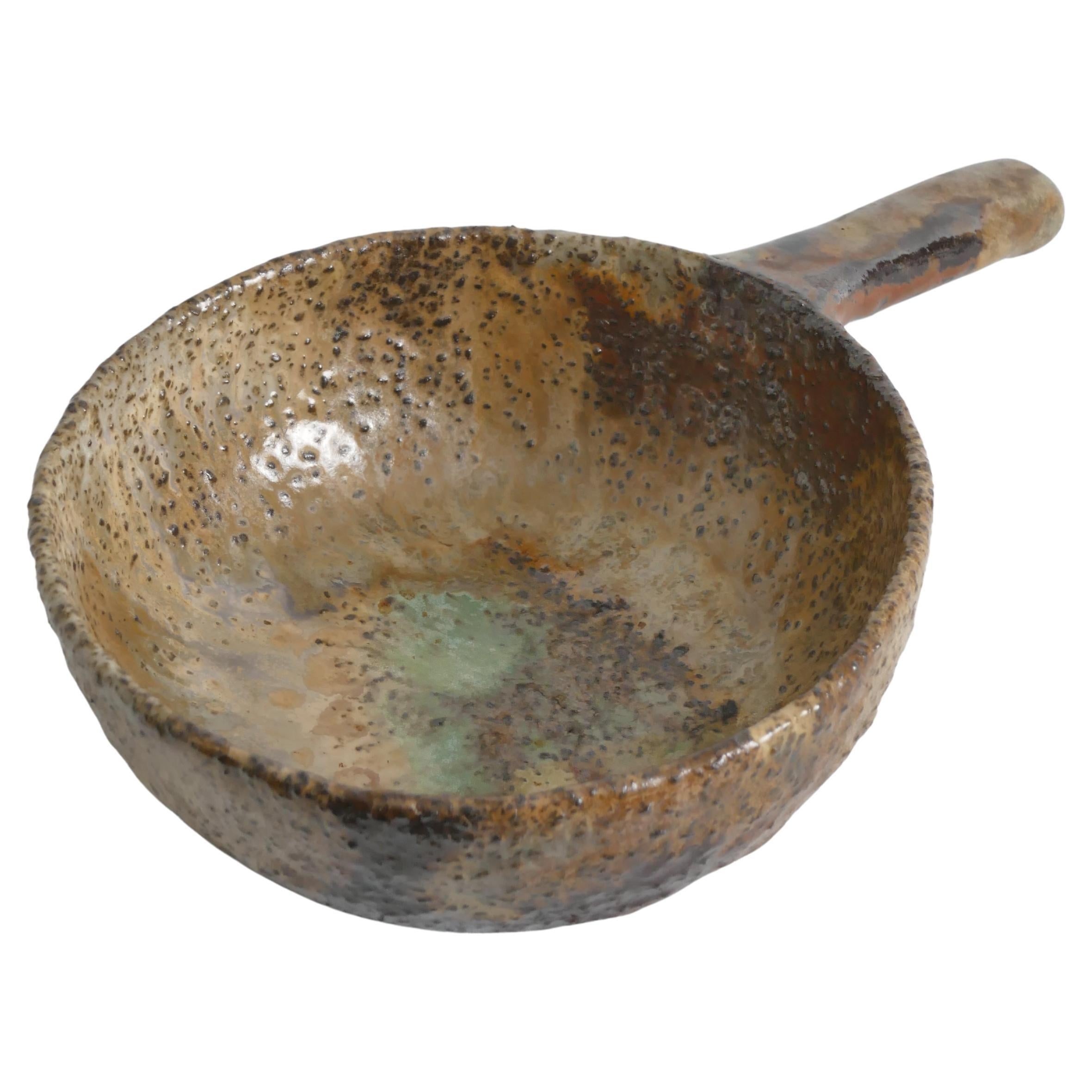 Textured Stoneware Bowl with Sculptural Handle, Handmade Studio Ceramic For Sale