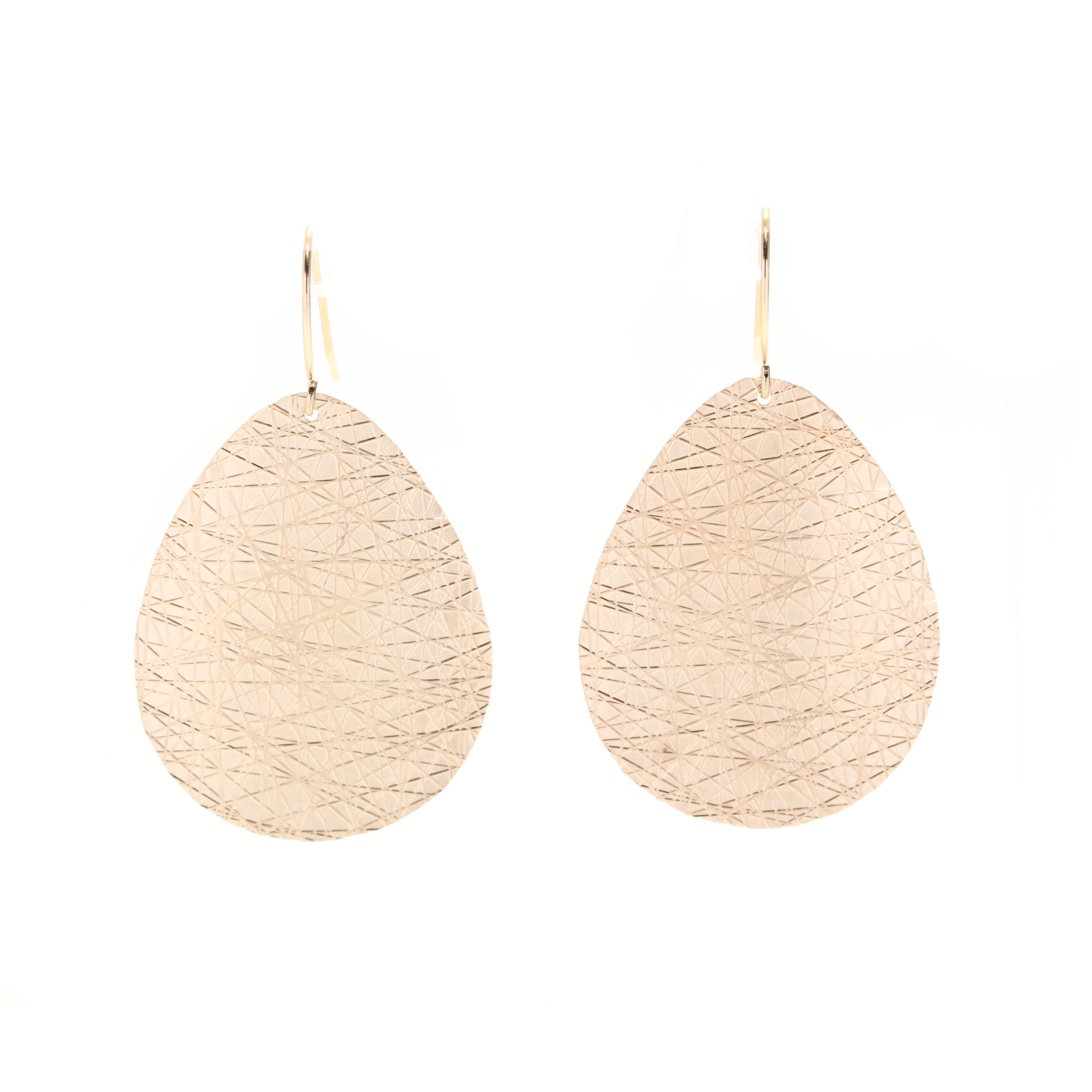 Women's or Men's Textured Teardrop Dangle Earrings, 14K Yellow Gold, Length 2 5/8 Inch, Simple