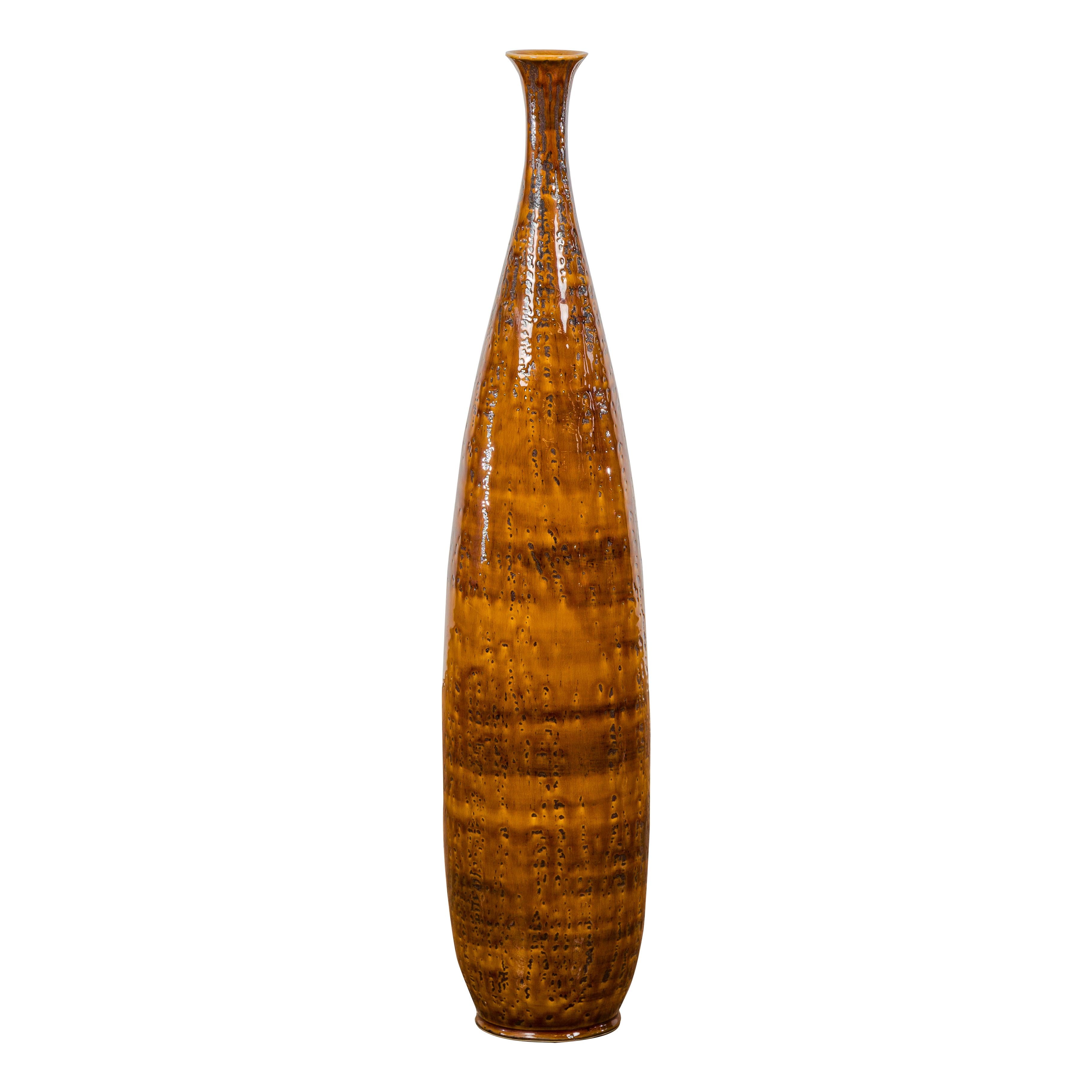 Textured Two-Tone Brown Tall Vase with Narrow Mouth, Elegant Home Decor For Sale 8