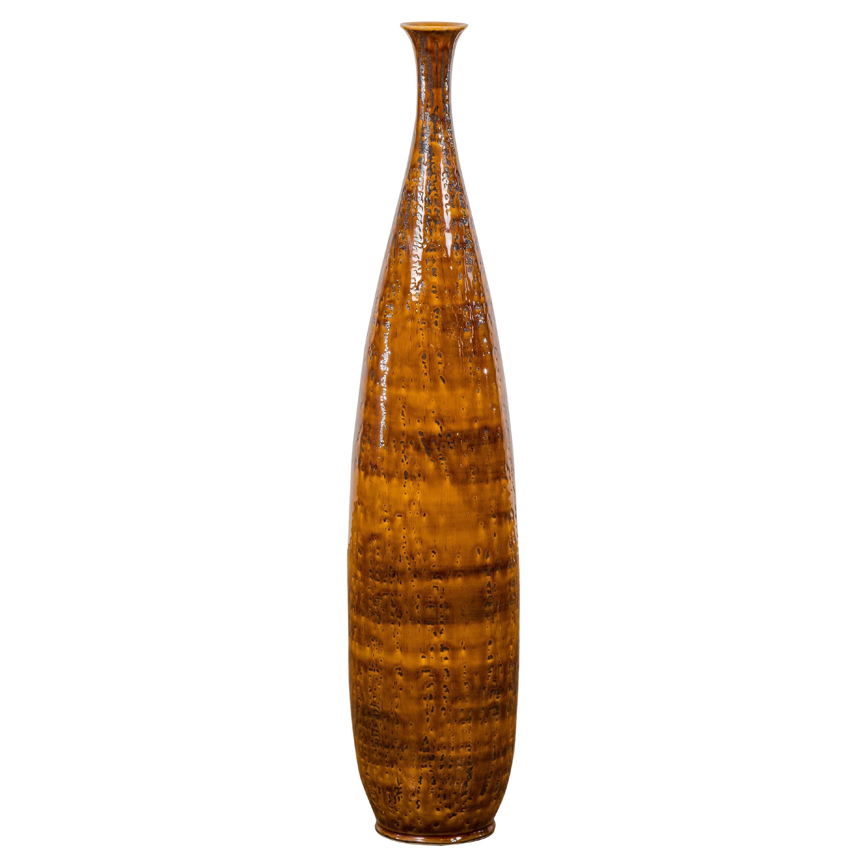 Textured Two-Tone Brown Tall Vase with Narrow Mouth, Elegant Home Decor For Sale