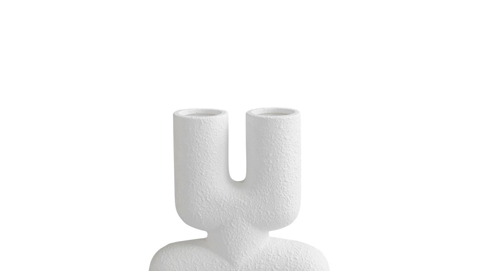 Contemporary Danish tall textured white vase with two round spouts on a base of two round spheres.
Very sculptural in design
Taller version available S5599.
 