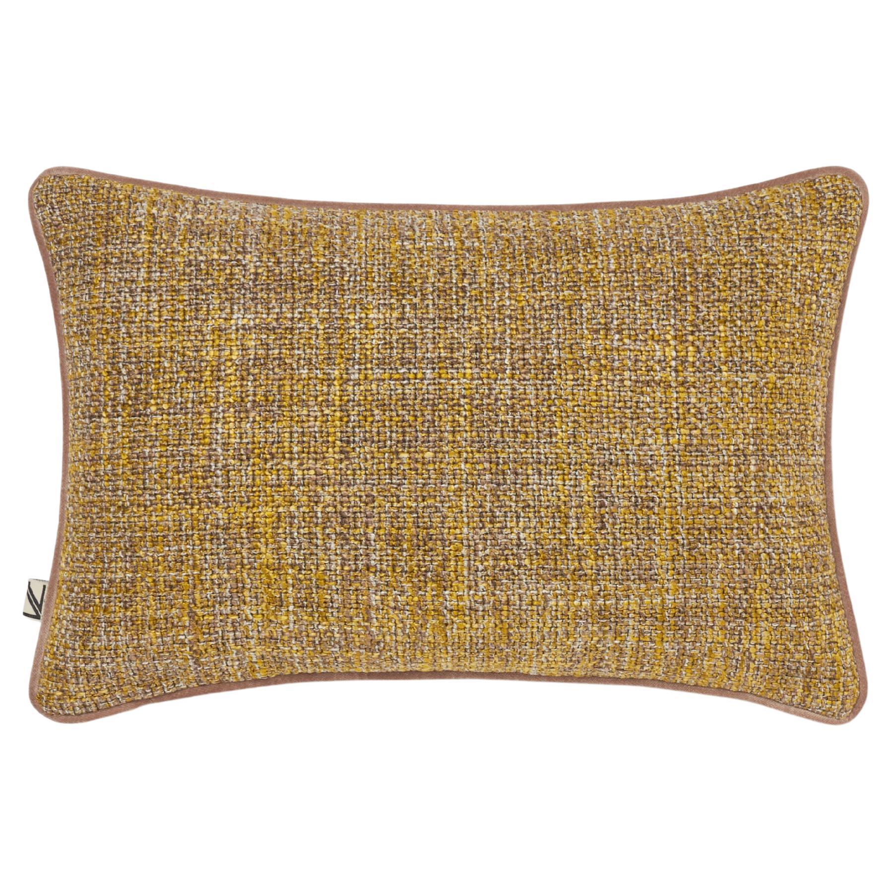 Textured Woven Cushion with Yellow Velvet Piping