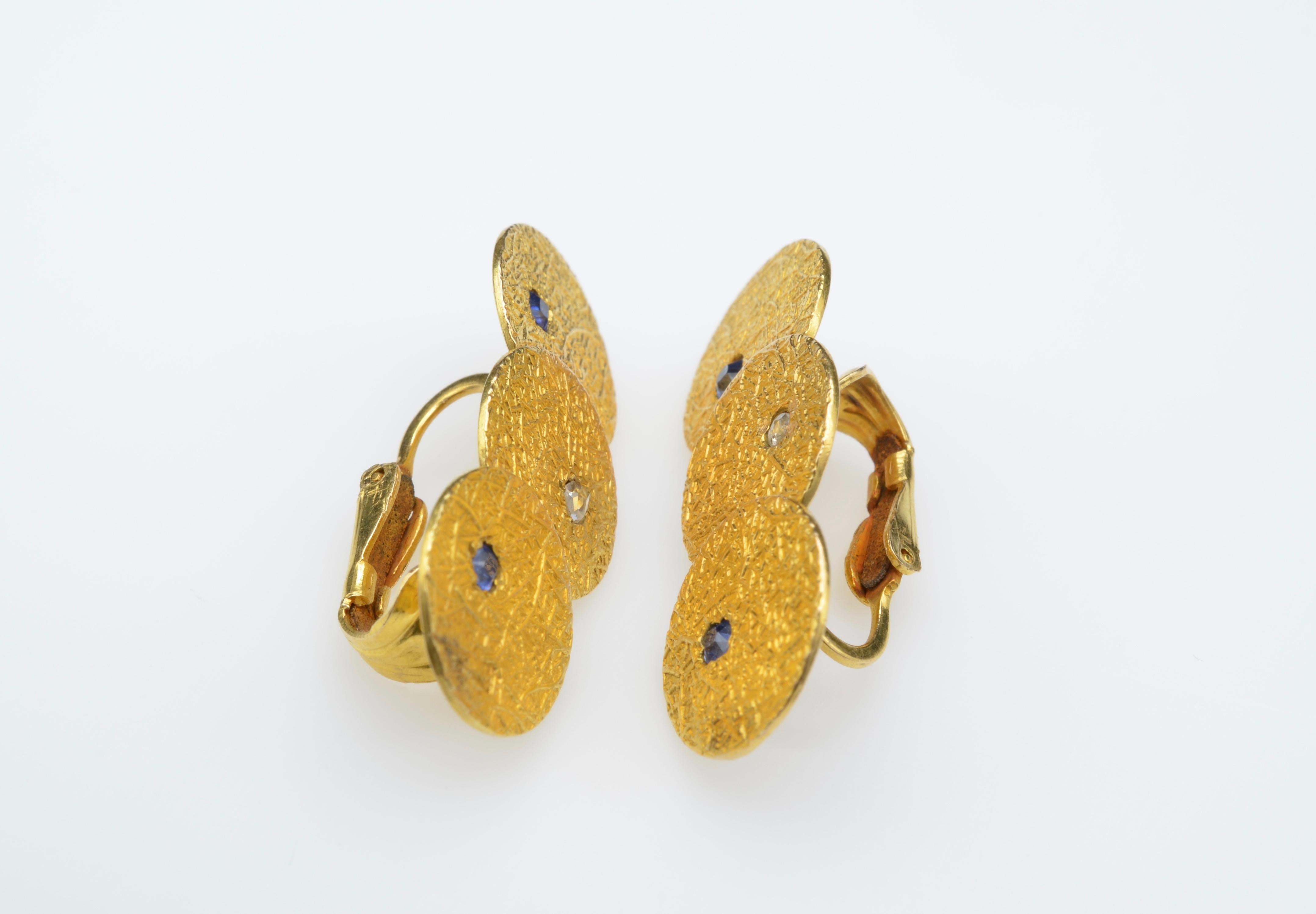 Modern Gold Disc Earrings Texture Sapphires Diamonds