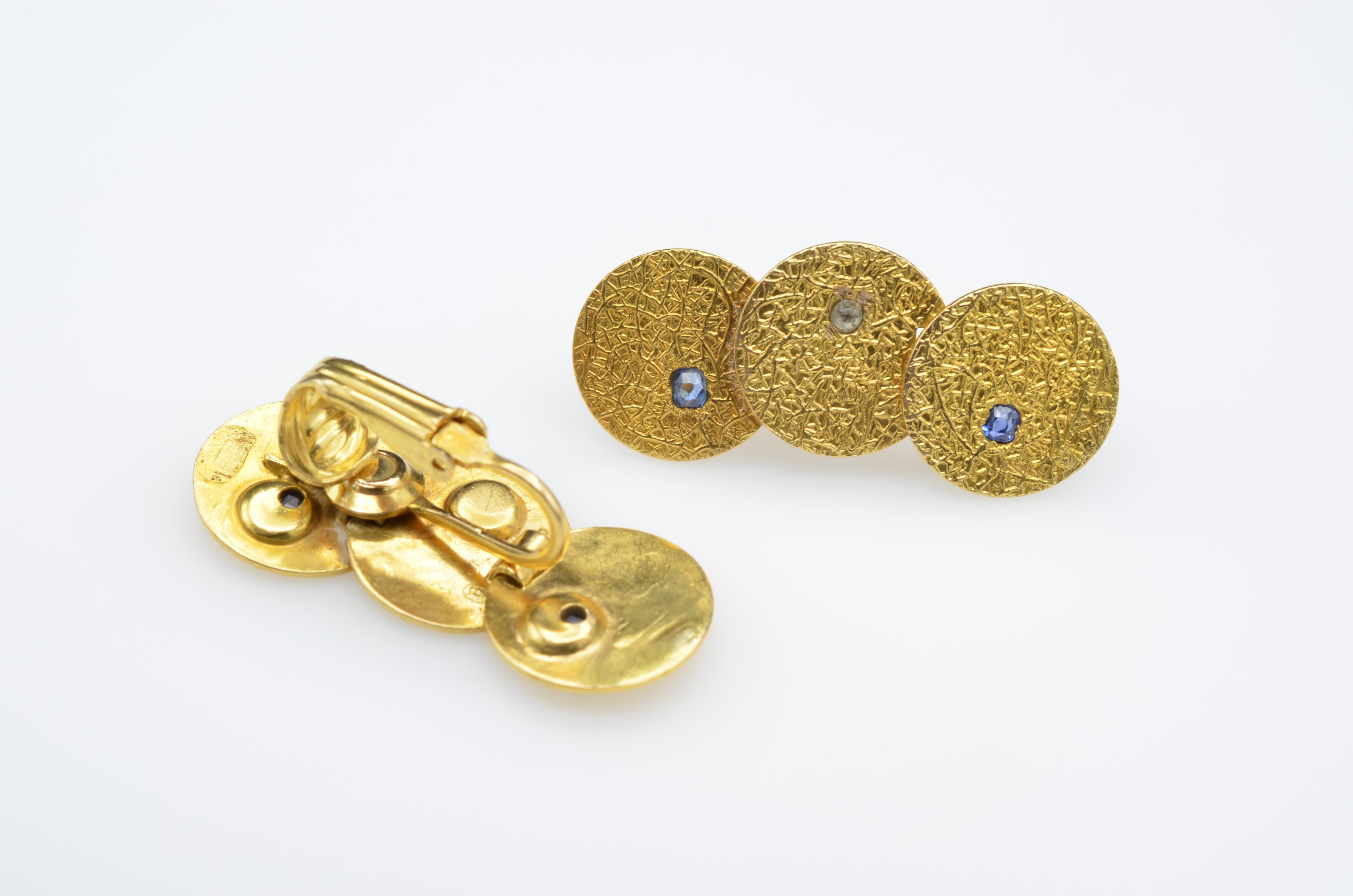 Gold Disc Earrings Texture Sapphires Diamonds In Excellent Condition In Berkeley, CA