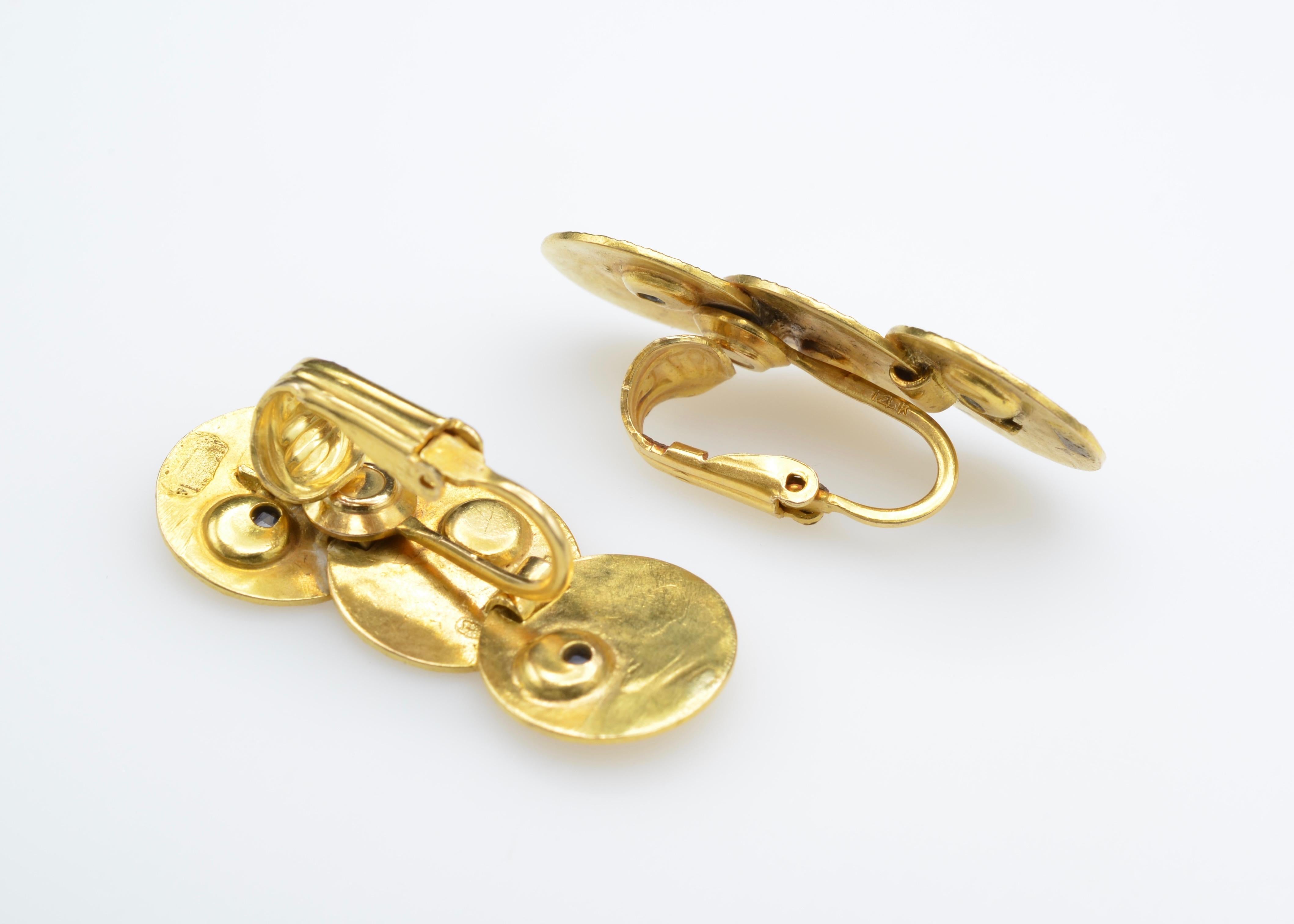 Women's or Men's Gold Disc Earrings Texture Sapphires Diamonds