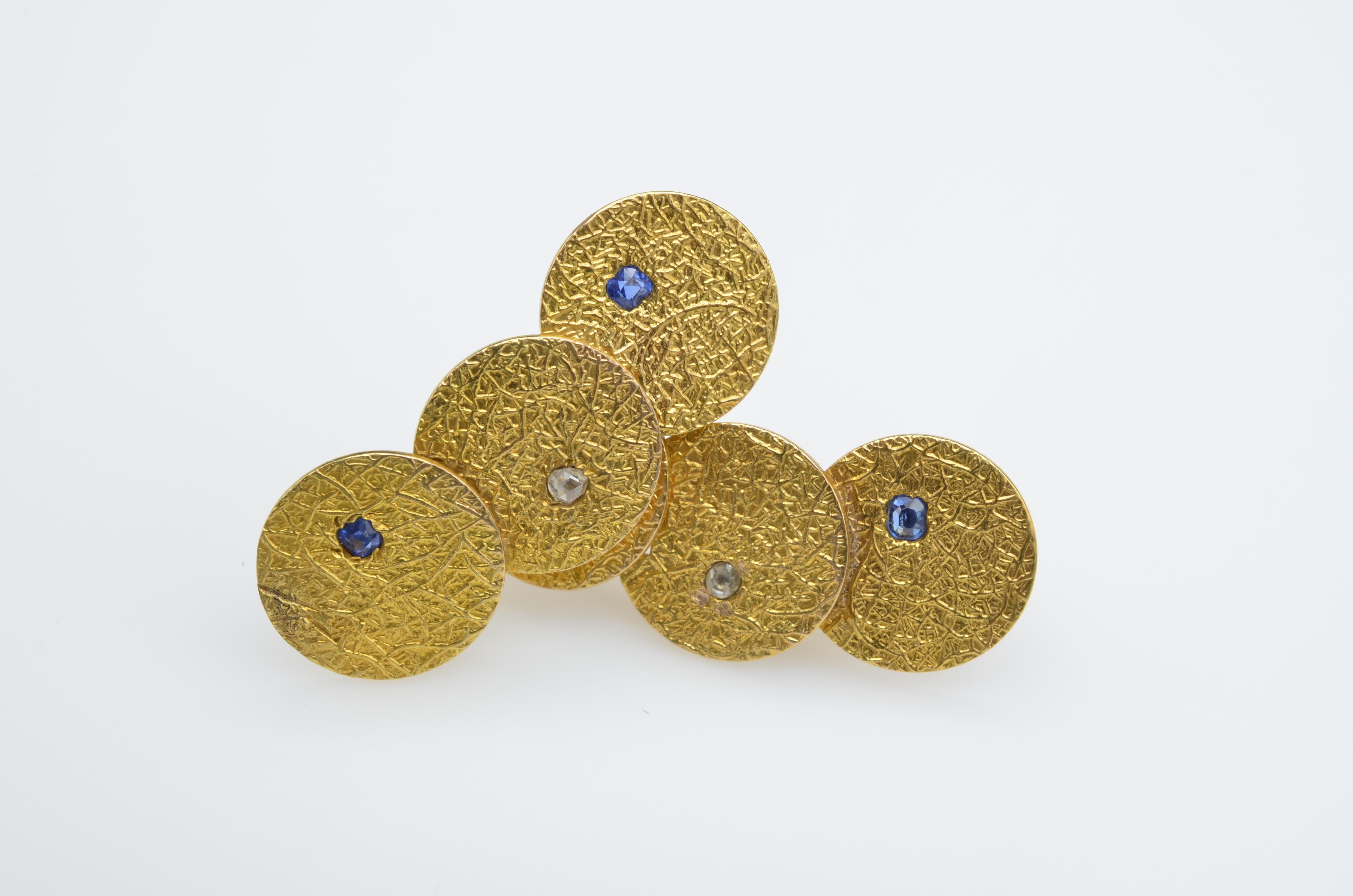 Gold Disc Earrings Texture Sapphires Diamonds 1