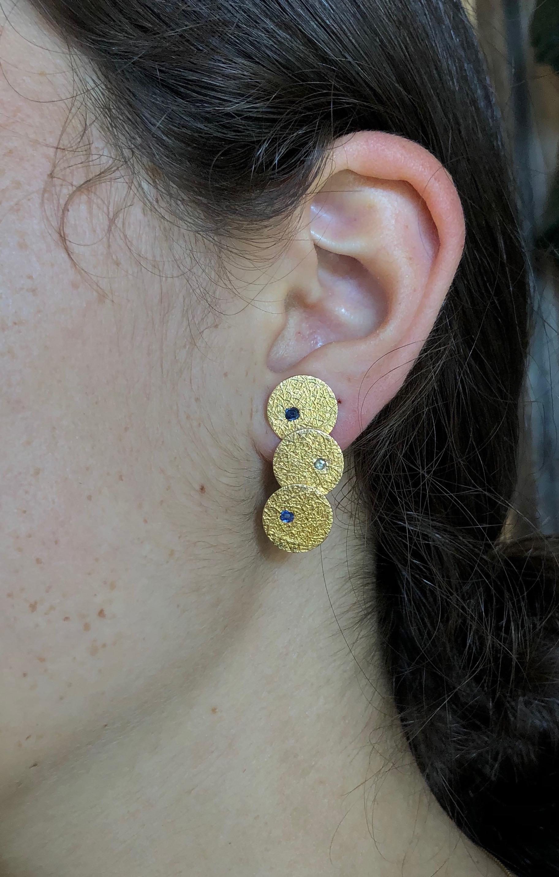 Gold Disc Earrings Texture Sapphires Diamonds 3