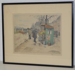 T.F. Simon "Vendeurs de fleurs de la Seine" Lithographie couleur c.1920