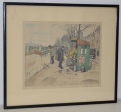 T.F. Simon "Seine Flower Vendors" Color Lithograph c.1920