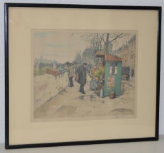 T.F. Simon "Seine Flower Vendors" Color Lithograph c.1920 