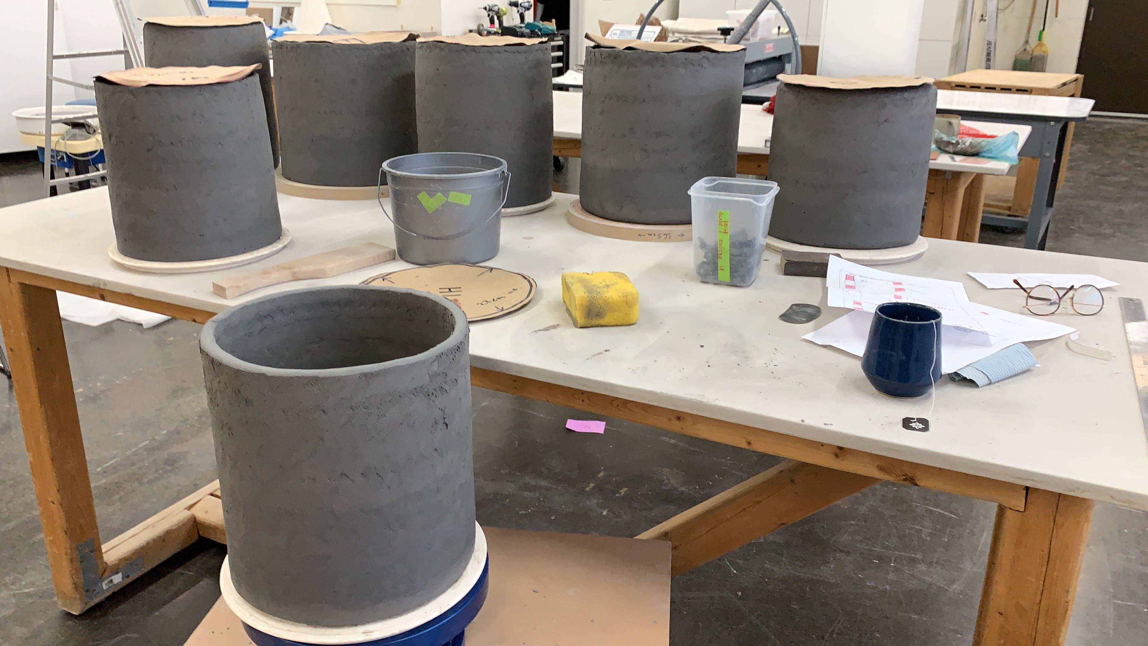 TF01 Sculpture designed and produced by Canadian artist Pascale Girardin features a partially glazed stoneware body. The entire structure is handmade. The handprints sculptured in the body are outstanding on this series of large-scale stoneware