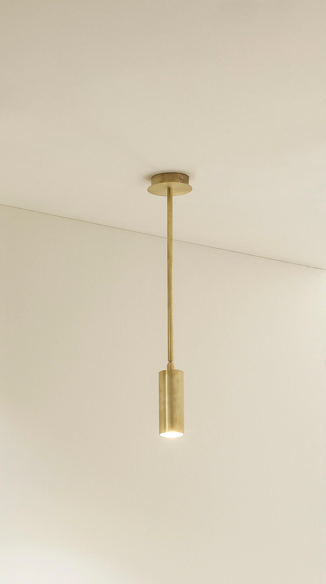 TF510 Ceiling Lamp in Satin Brass with an Orientable Tubular Diffuser by Daluce
Dimensions: Ø 10 x H 95 cm. 
Materials: Brass.

Available in different finish options: light satin burnished brass, medium satin burnished brass, and dark satin