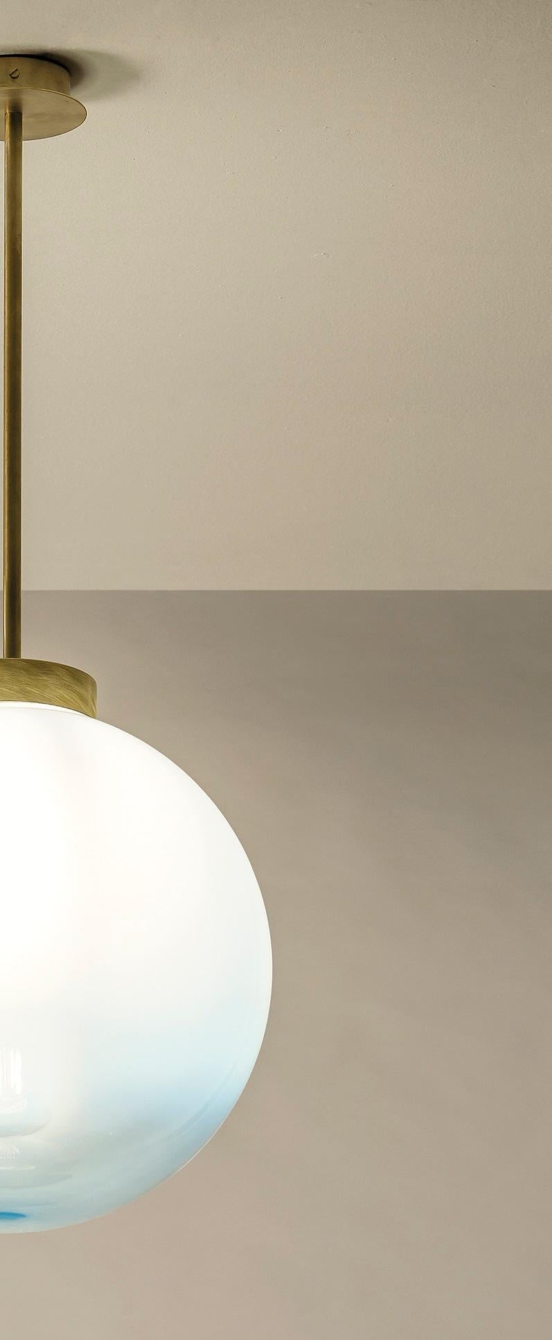 Post-Modern TF530 Ceiling Lamp in Satin Brass with a White Blown Glass Sphere by Daluce For Sale