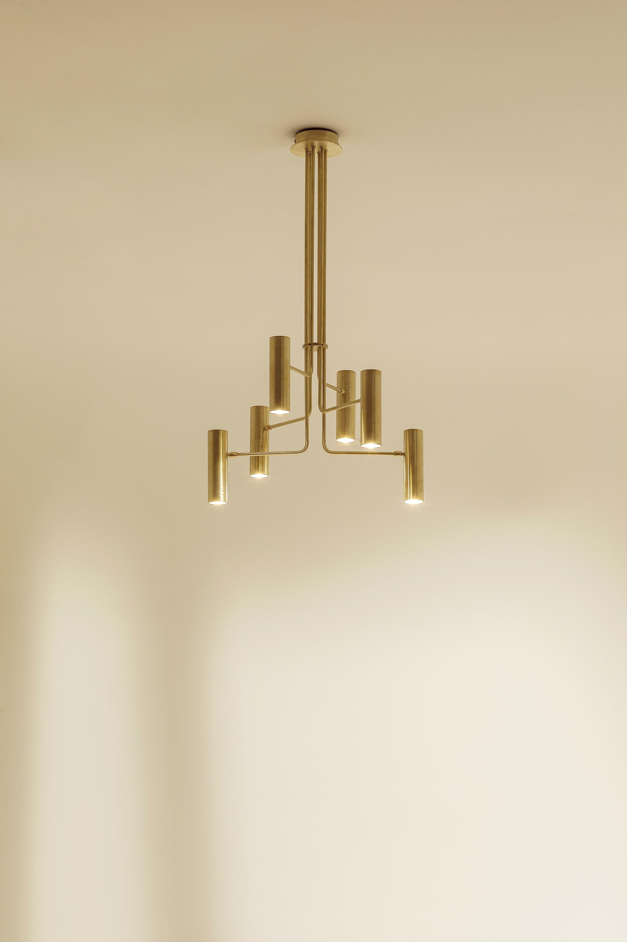 TF660 Suspension Lamp in Satin Brass with Orientable Tubular Diffusers by Daluce
Dimensions: Ø 56,5 x H 105 cm. 
Materials: Brass.

Available in different finish options: light satin burnished brass, medium satin burnished brass, and dark satin