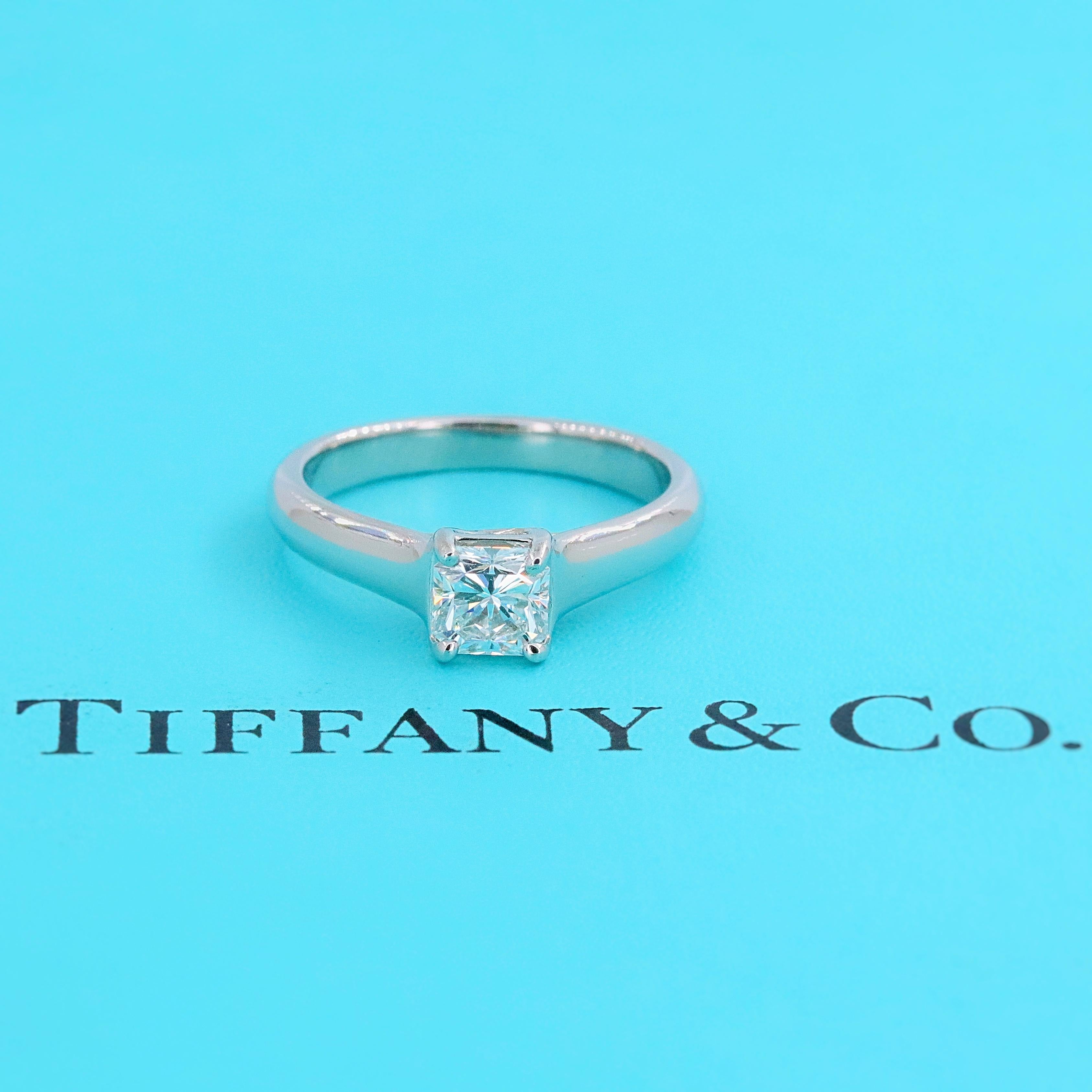 Tiffany & Co LUCIDA Diamond Solitaire Engagement Ring

Style:  Lucida Solitaire
Metal:  Platinum PT950
Size:  6 - sizable
Total Carat Weight:  0.56 cts cts
Diamond Shape:  Lucida Cut
Diamond Color & Clarity:  G - VS1
Hallmark:  ©1999