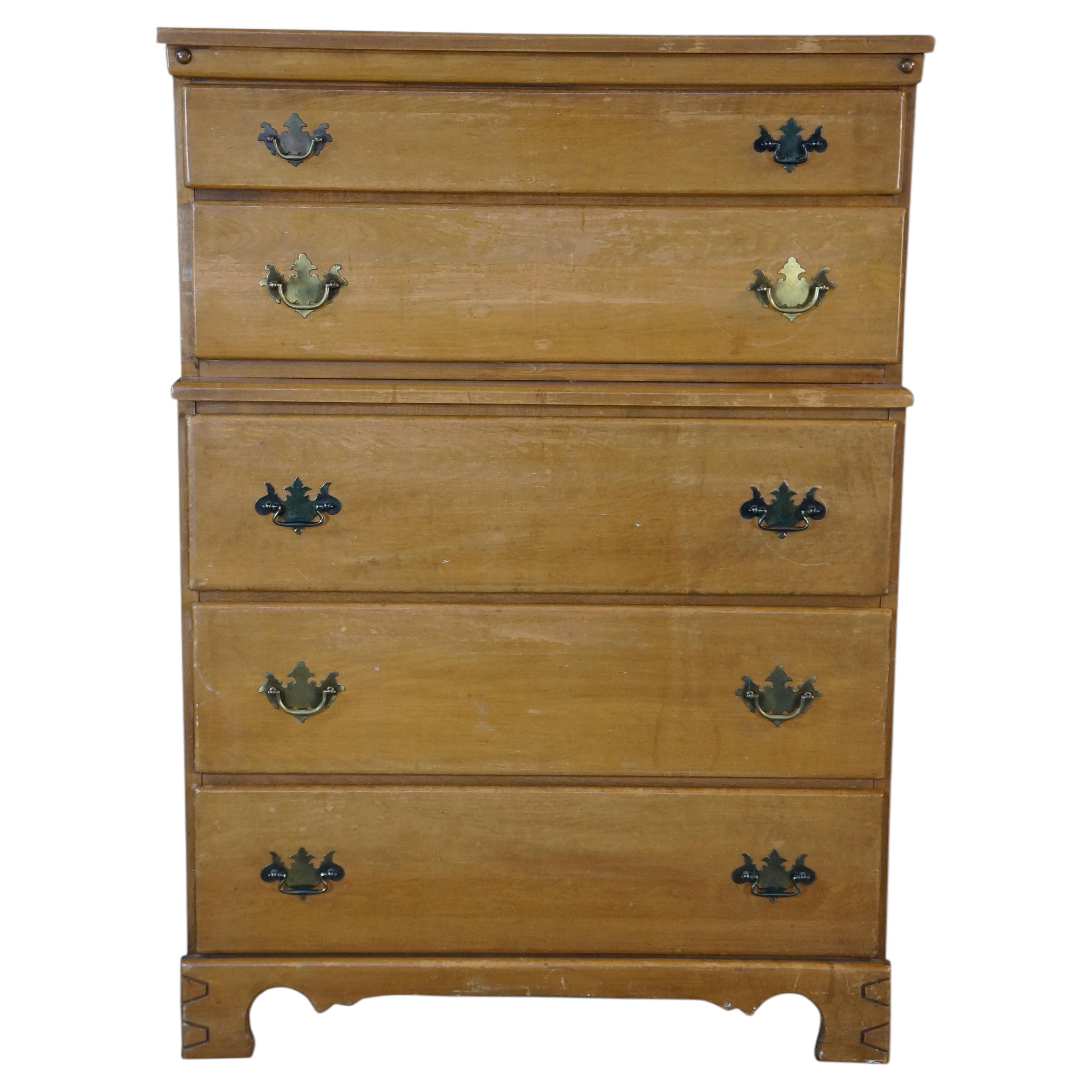 T.F.I Mid Century American Colonial Style Maple Tallboy Dresser Chest of Drawers For Sale