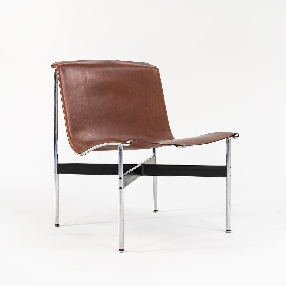 Modern TG-12 Sling Lounge Chair in Tan Leather w/ Polished Chrome Frame & Black T-Bar For Sale