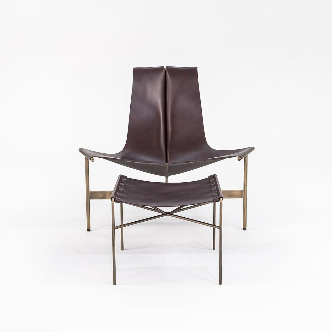 This is a TG-15 sling lounge chair with a TG-19 ottoman both in dark brown leather with antique bronze frames, produced by Gratz Industries. The chair and ottoman were designed by Katavolos, Littell and Kelley in 1952 as part of the original Laverne