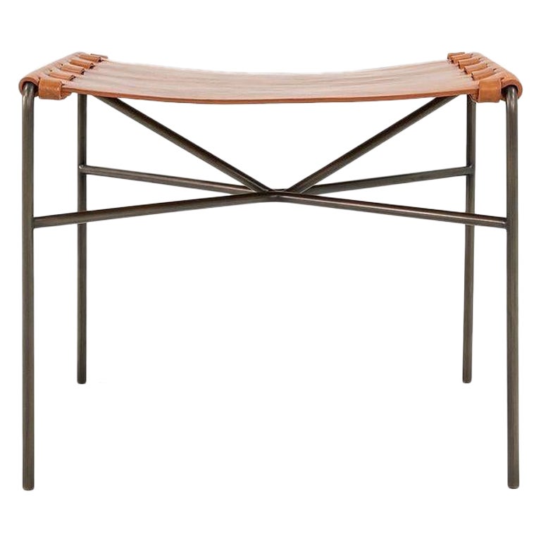 TG-19 Sling Ottoman in Antique Tan Leather with Medium Antique Bronze Frame
