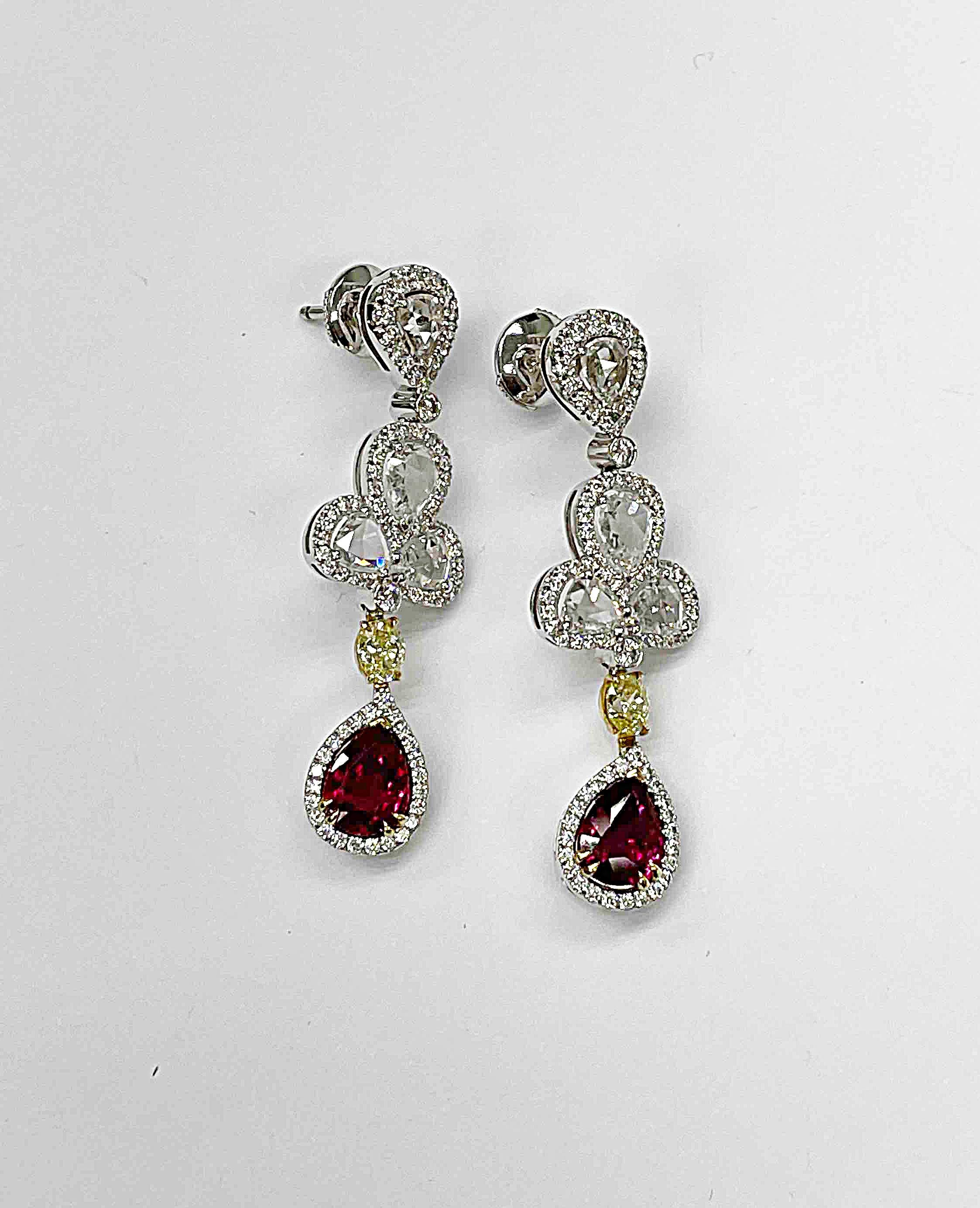 Contemporary TGL Certified Extraordinary Ruby & Fancy Yellow Diamond Drop Earrings '6.89Cttw' For Sale