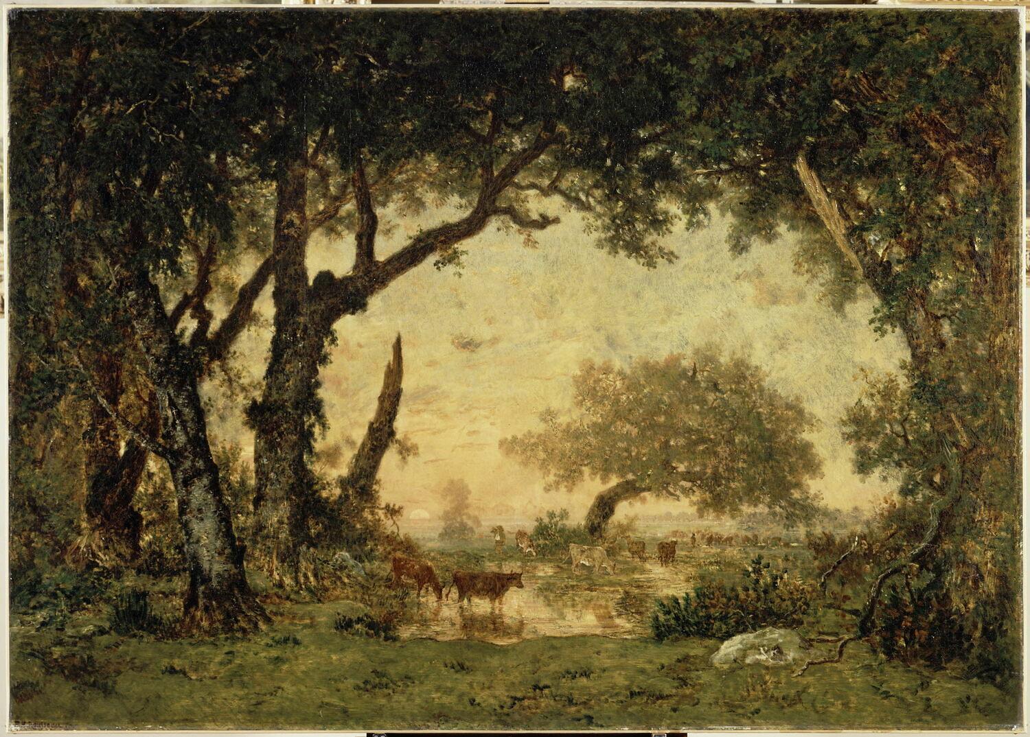 Sunset, an emblematic painting by Théodore Rousseau inspired by Barbizon  For Sale 5