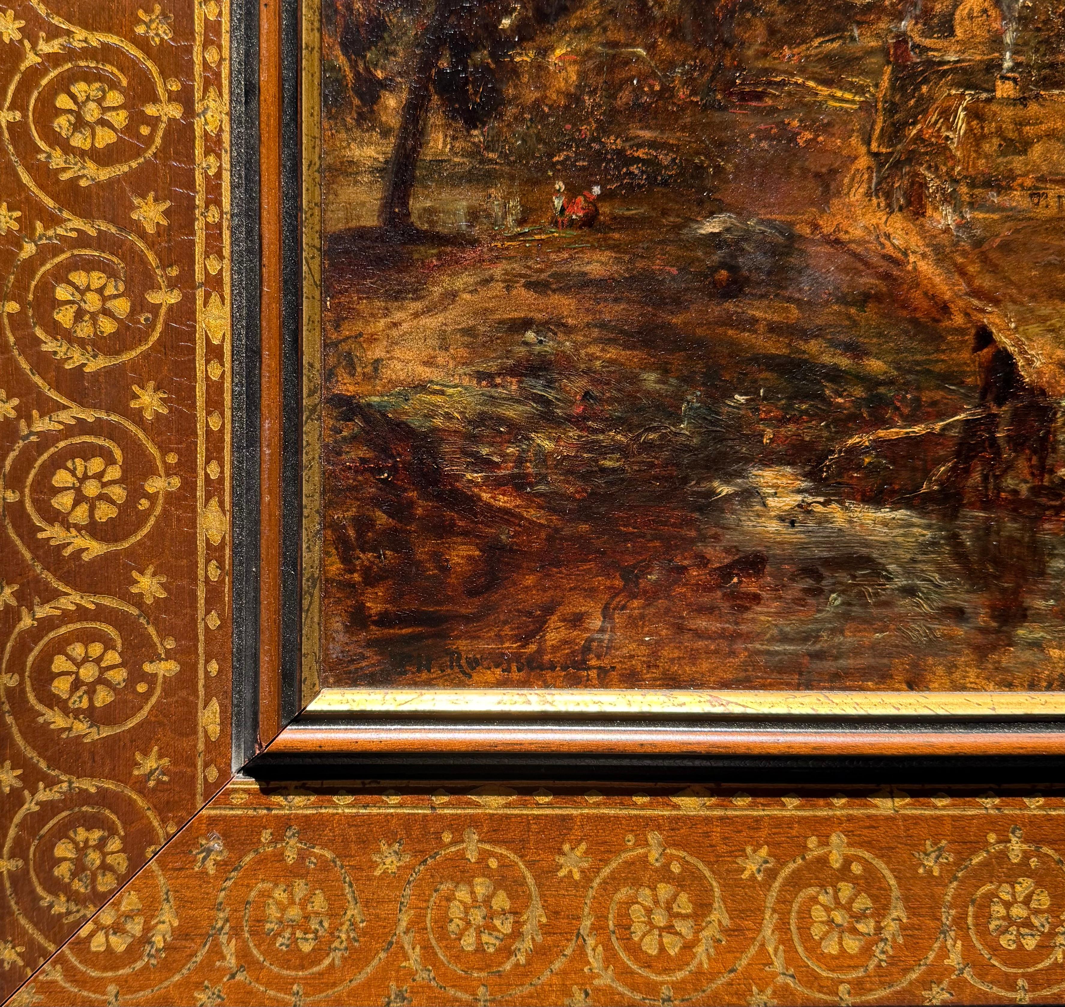 Théodore Rousseau (Französisch, 1812-1867)
Personnages sur un sentier escarpé au coucher de soleil, 1845-50
Öl auf Papier auf Leinwand
Leinwand: 12 x 9,75 Zoll (30,5 x 24,8 cm)
Rahmen: 18 x 15,75 Zoll
Signiert unten links: TH. Rousseau.

Eigentum