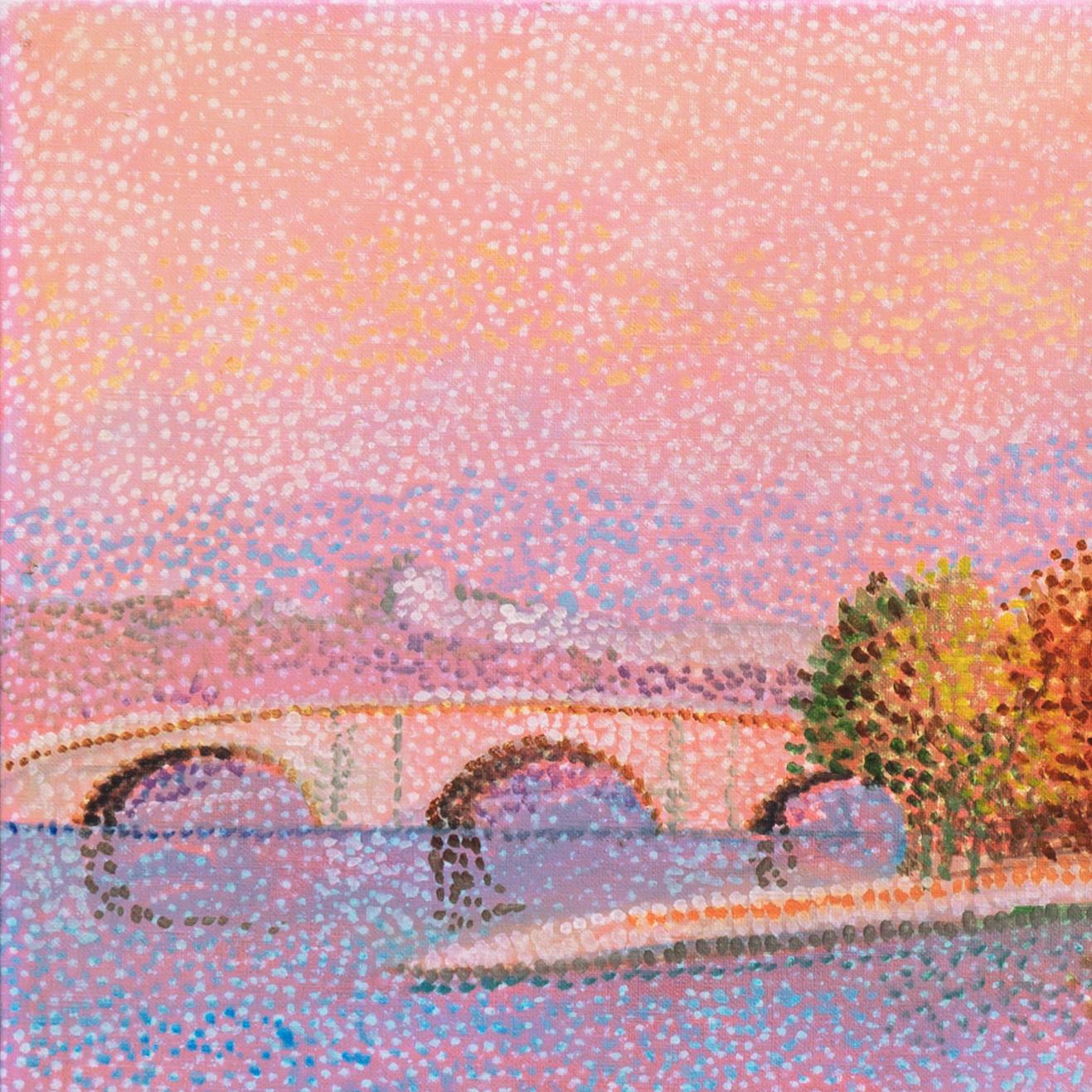 Signed lower left, 'Th. Butler' and painted circa 1985.

A substantial Pointillist oil showing a view of the Seine with the Pont Neuf and the Île de la Cité. In the foreground, two young women are strolling by the river. In the distance, a fisherman