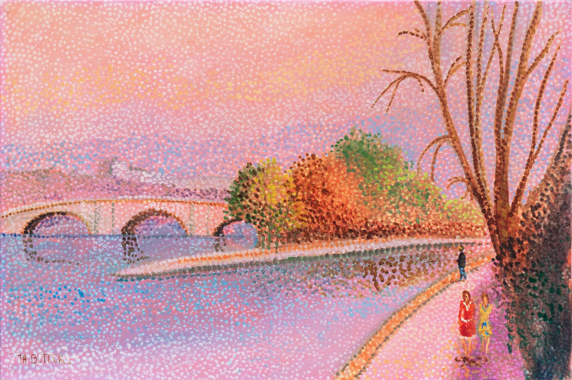Landscape Painting Th. Butler - Automne à Paris', la Seine et le Pont Neuf, Île de la Cité, Huile pointilliste