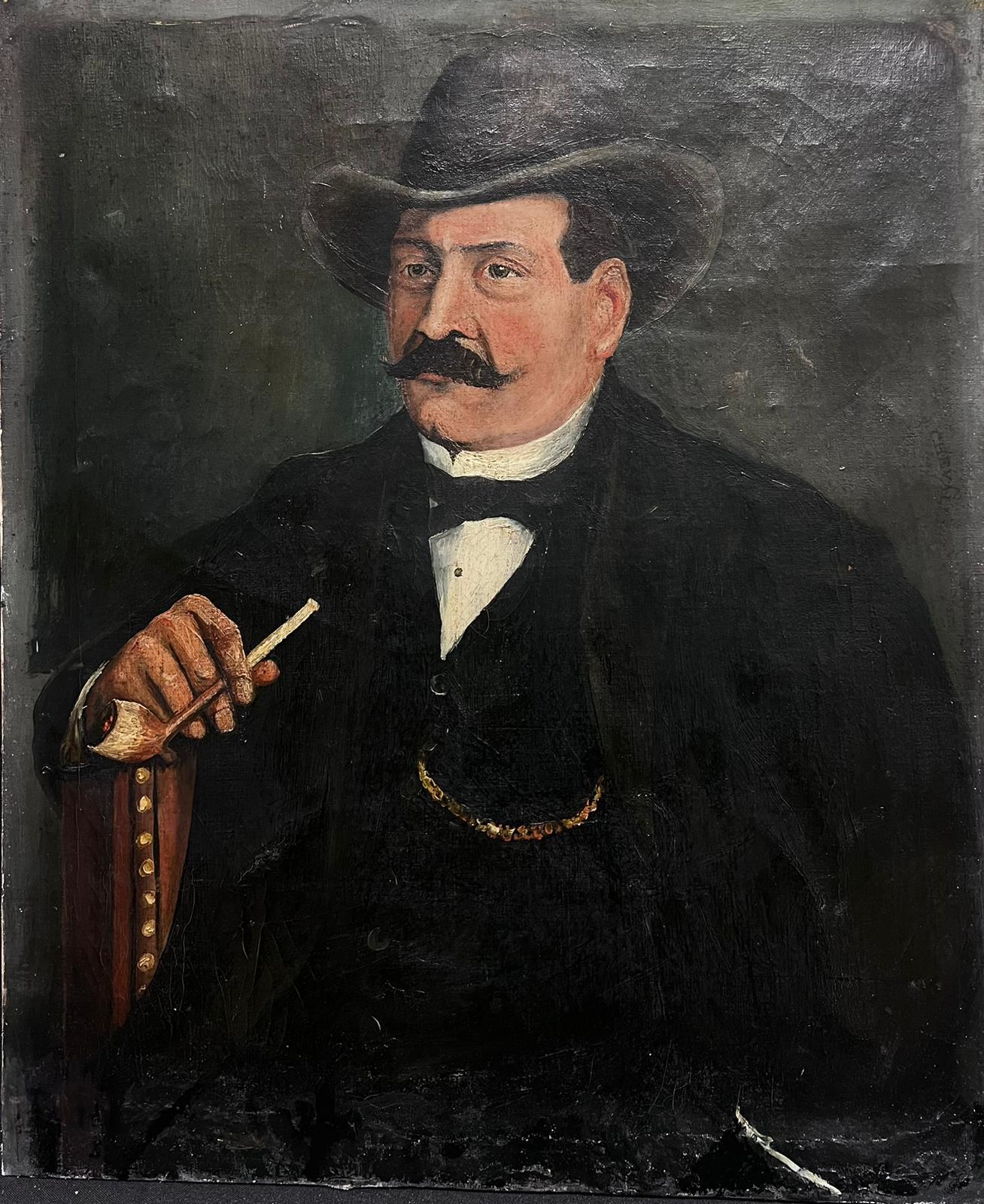 Th. Chevallier Portrait Painting - Characterful Portrait French Man with Hat & Pipe Signed & Dated 1903 Oil Paint