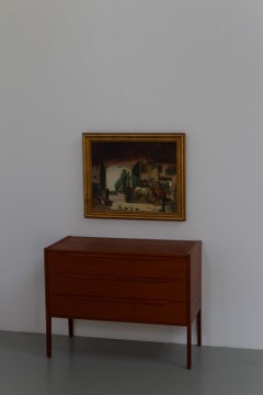 Th. de Leeuw, peinture à l'huile du XXe siècle représentant une écurie avec des chevaux. C1920.