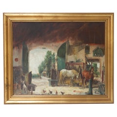 Th. de Leeuw, peinture à l'huile du XXe siècle représentant une écurie avec des chevaux. C1920.