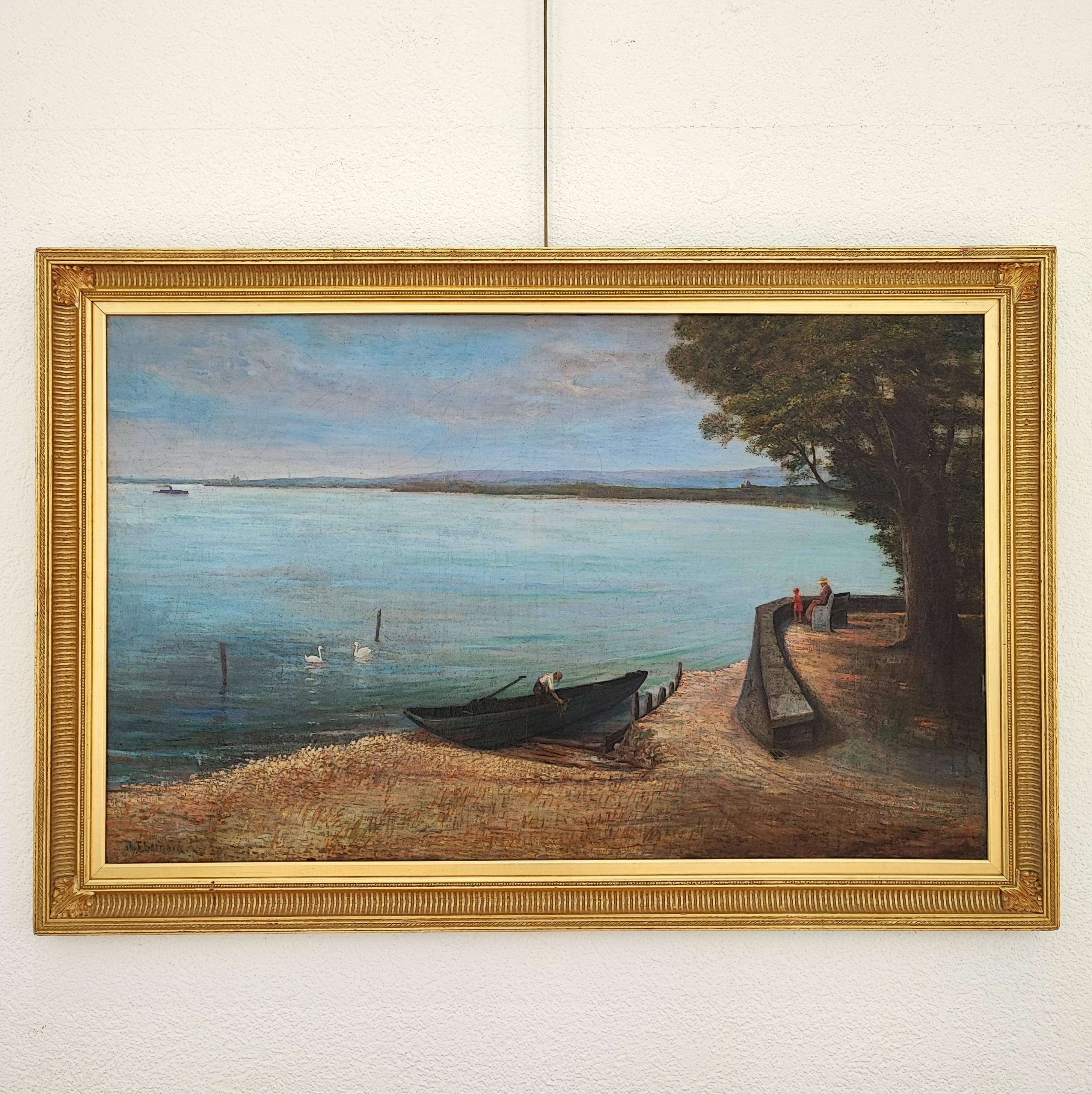 Lively lake landscape, Geneva - Painting by Th. Eberhard