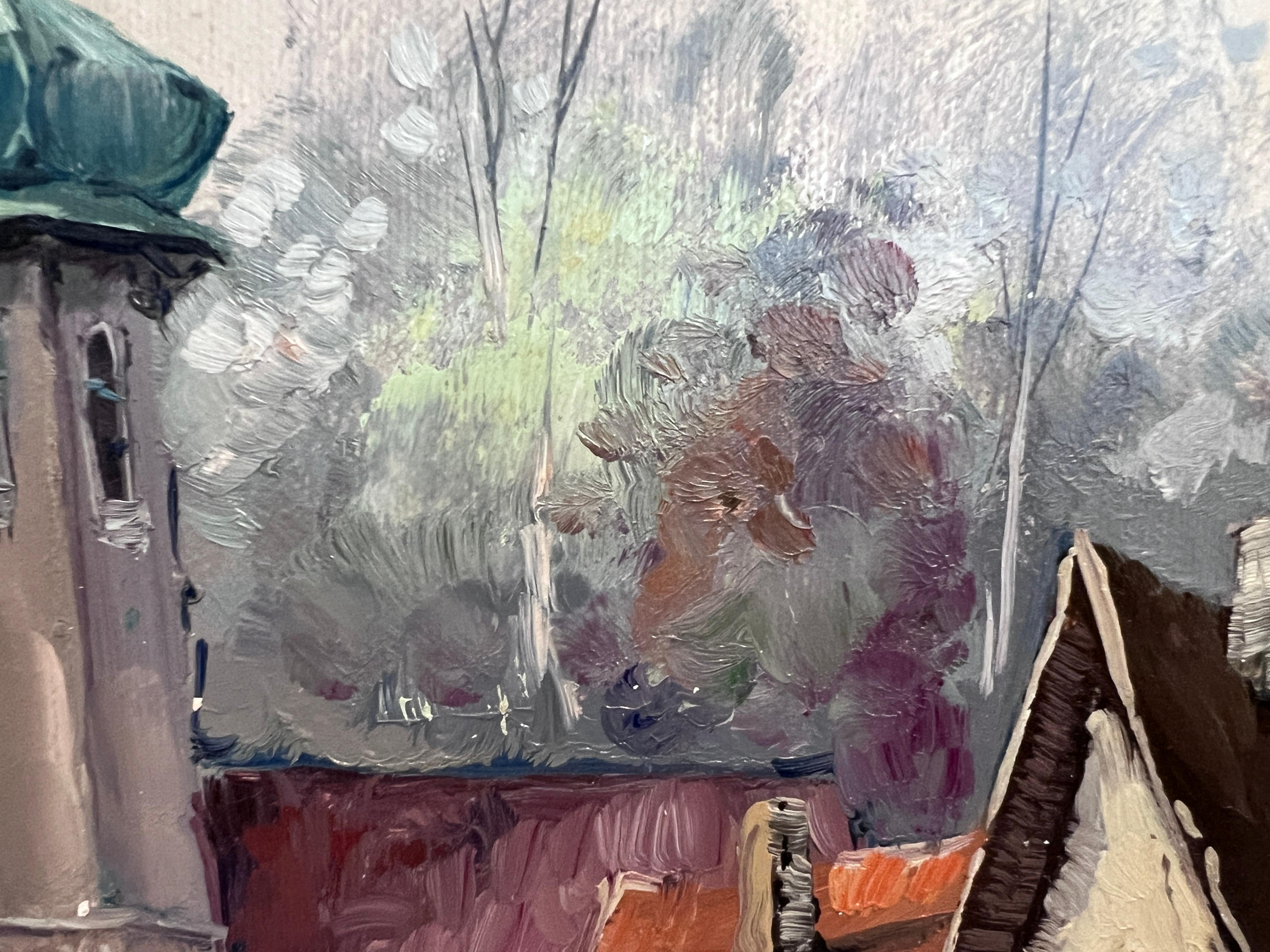 Th. Kortten (allemand) Peinture à l'huile sur toile Scène de pont d'un village européen Encadré en vente 9