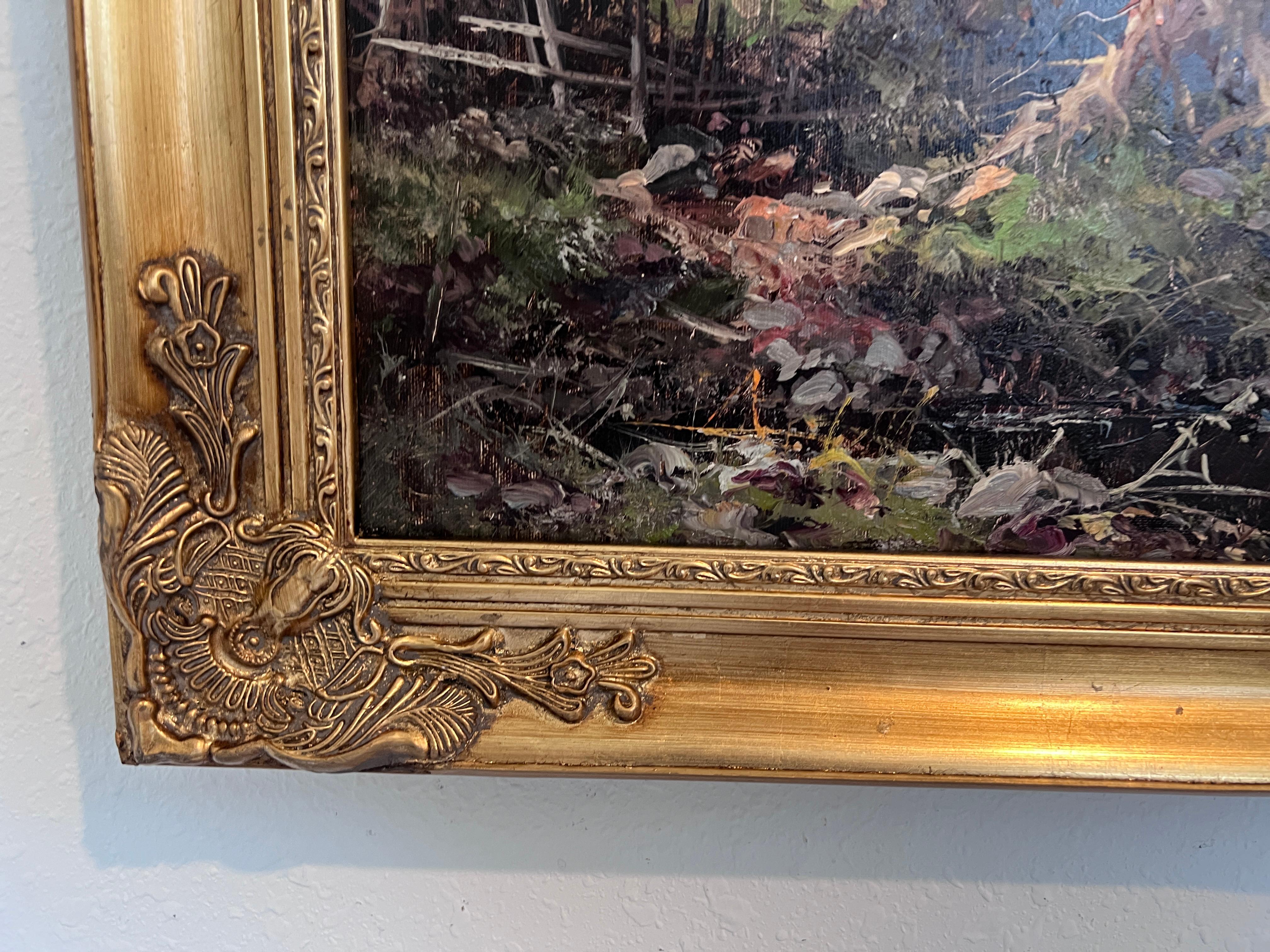 Th. Kortten (allemand) Peinture à l'huile sur toile Scène de pont d'un village européen Encadré en vente 3