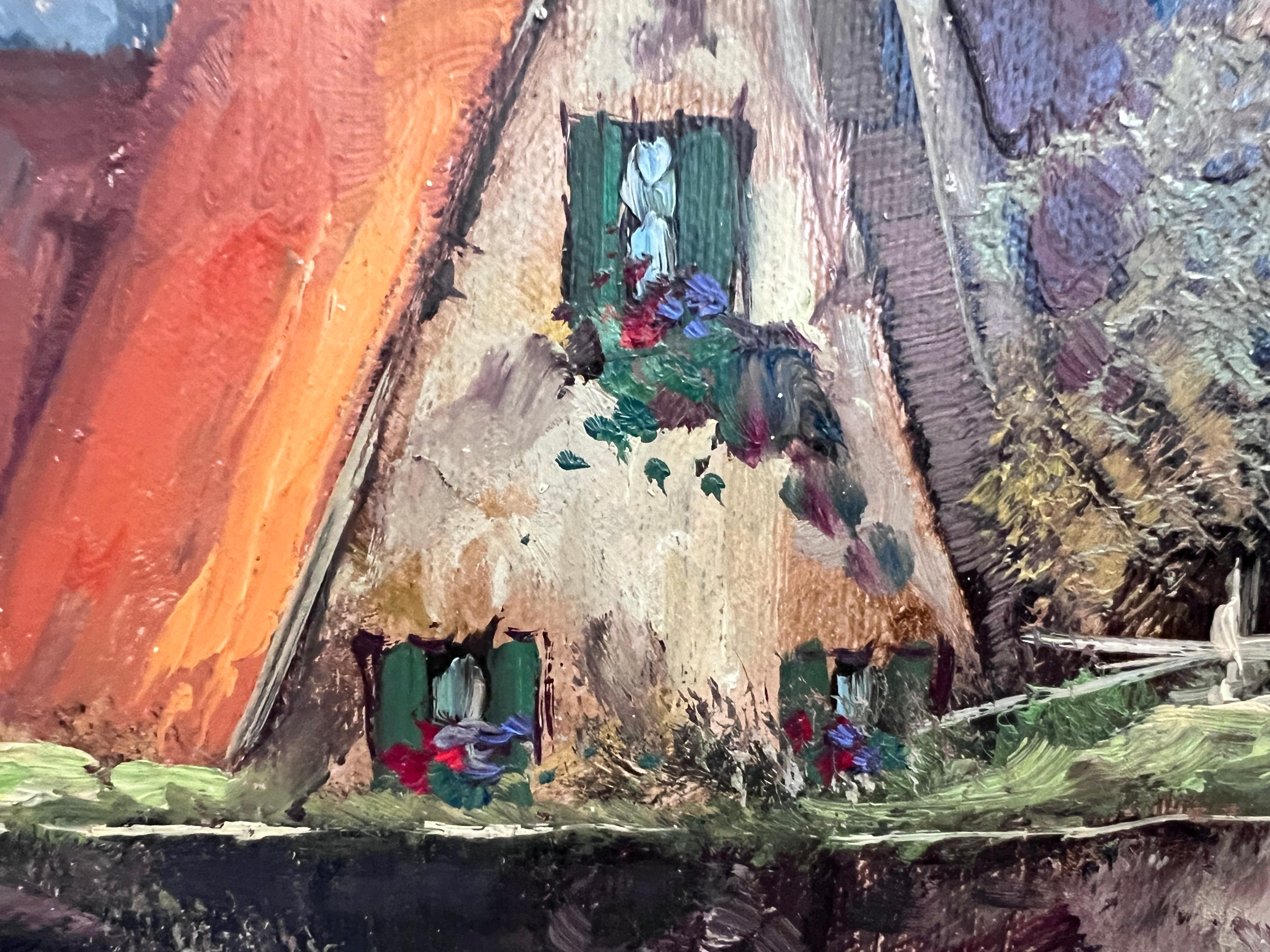 Th. Kortten (allemand) Peinture à l'huile sur toile Scène de pont d'un village européen Encadré en vente 8