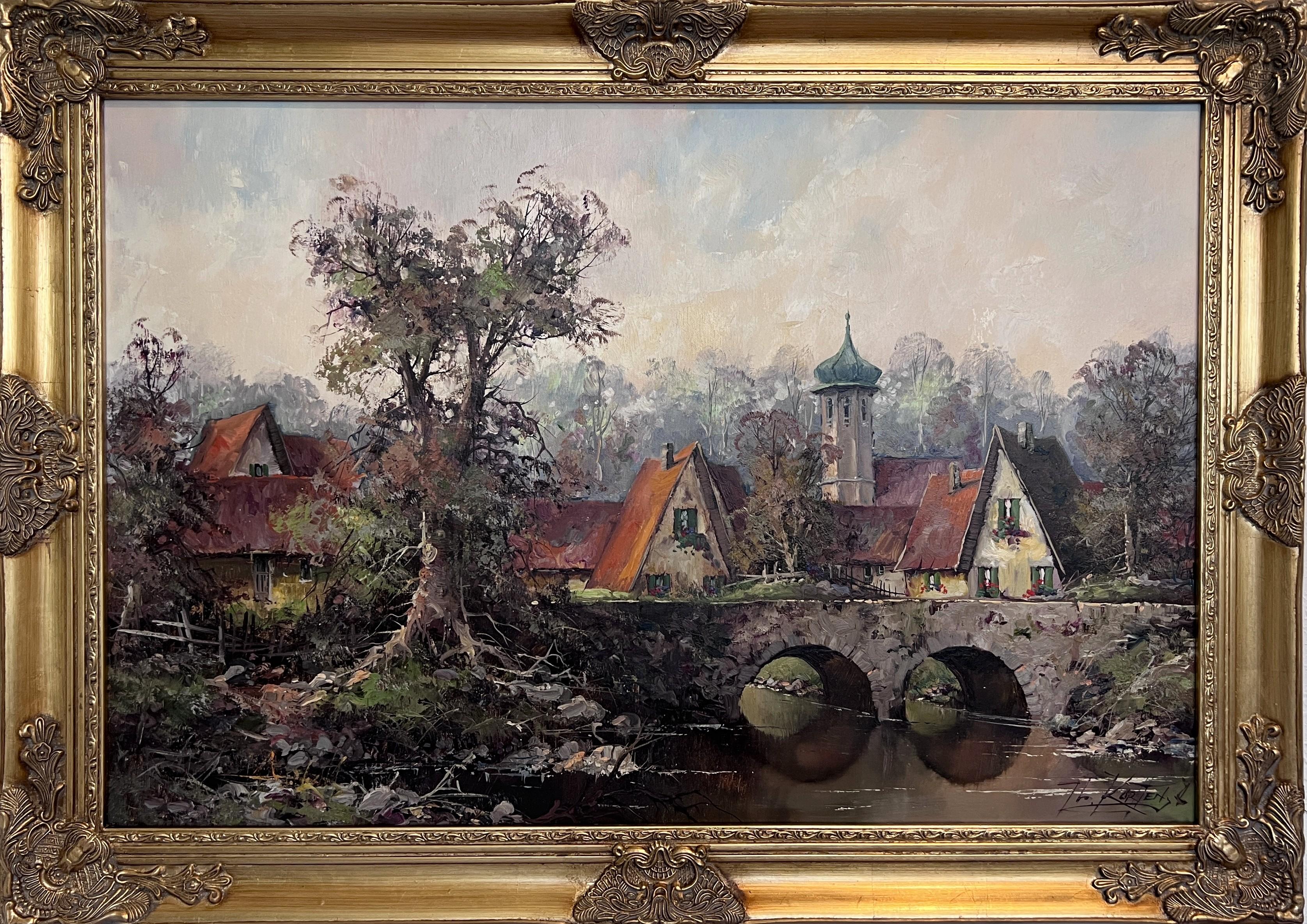 Th. Kortten (Deutsch) Ölgemälde auf Leinwand Europäisches Dorf Brückenszene Gerahmt